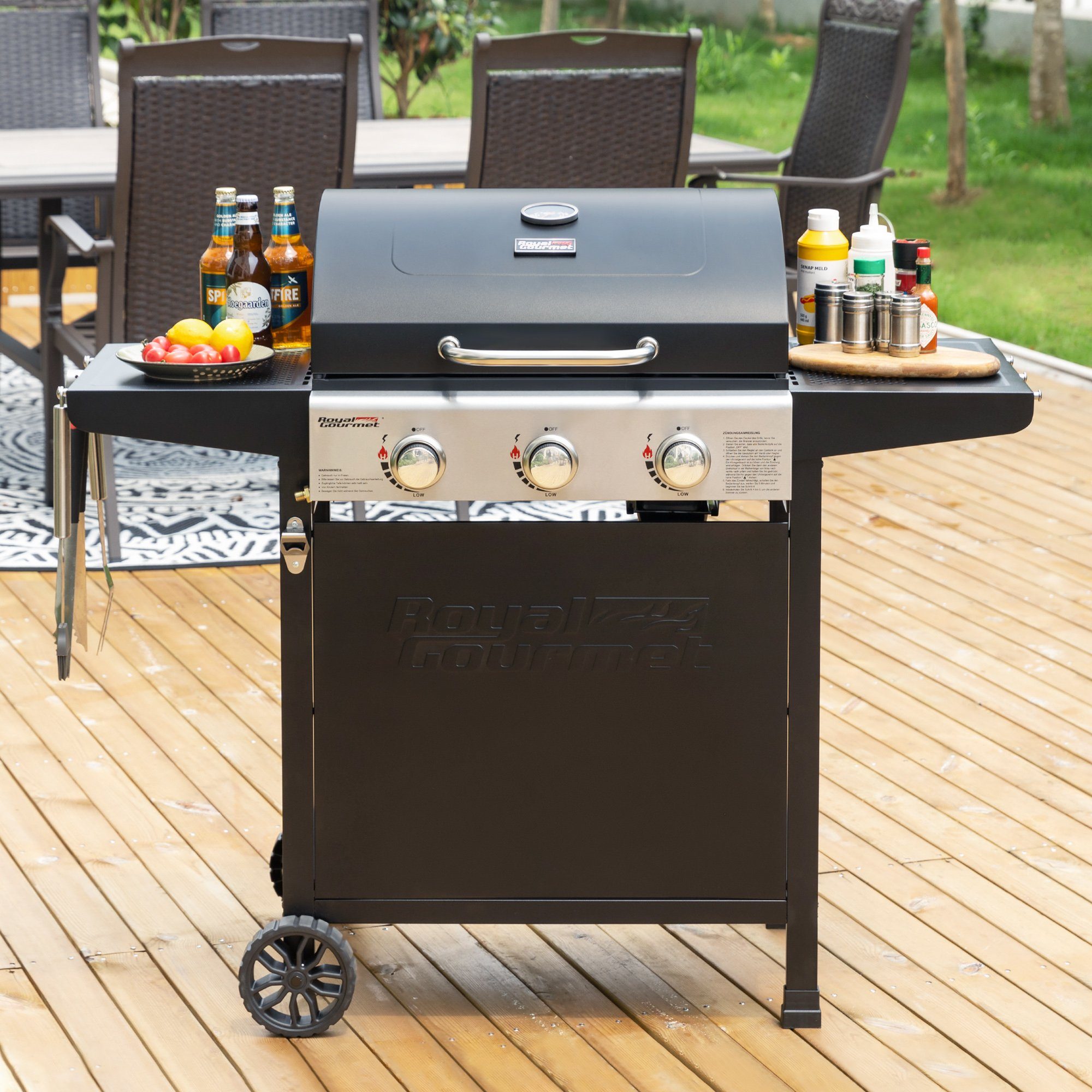 Royal Gourmet Gasgrill 3 Brenner, 9 kW Camping Gaskocher mit Kochplatte, B x T x H: 121,6 x 57,8 x 105 cm