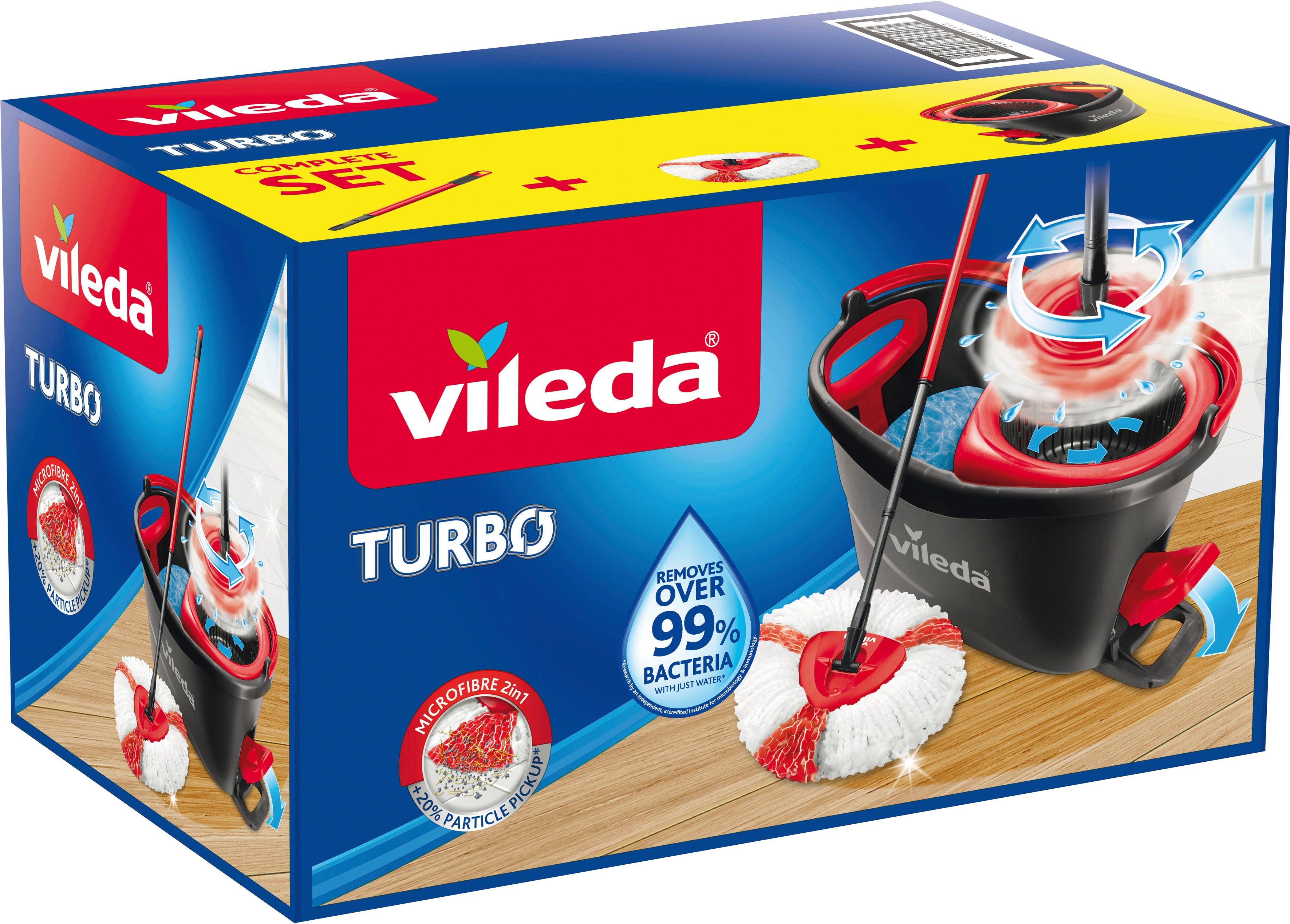 Vileda Bodenwischer-Set TURBO Box inkl. Classic Ersatzbezug (Set, 3-St., Wischmop-Set mit Powerschleuder und Fußpedal und 3-tlg. Teleskopstiel), ergonomischer, leichter Eimer mit praktischem Ausguss und Stielhalter