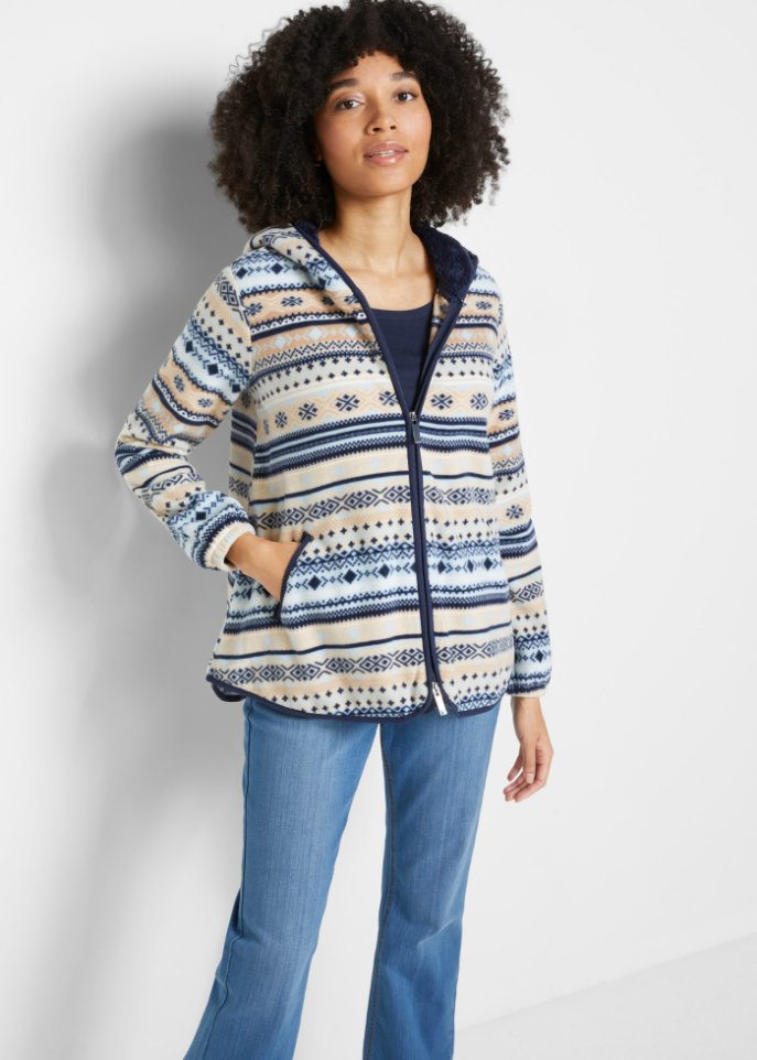 Kapuzen-Fleecejacke mit Norweger-Muster