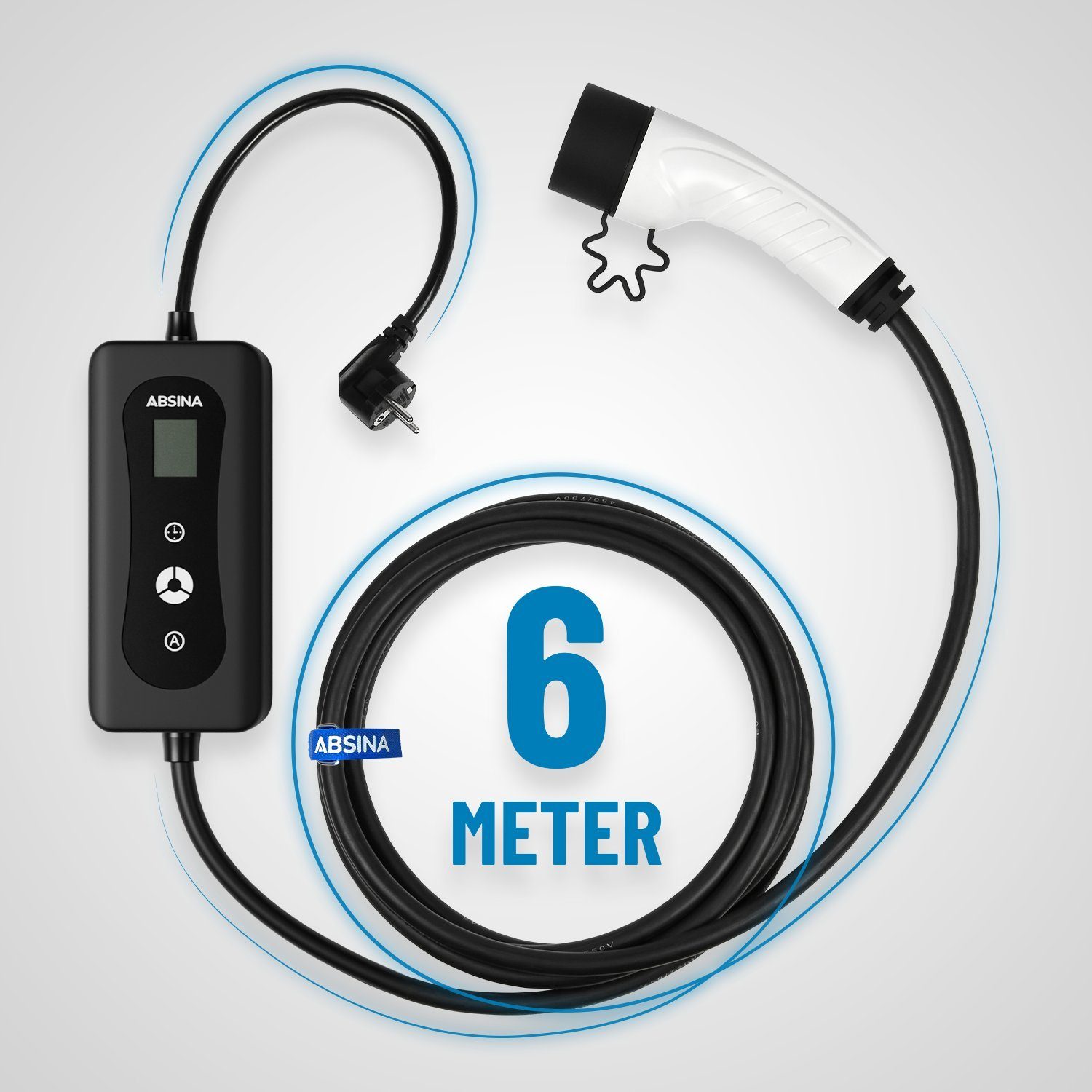 ABSINA Typ 2 Ladekabel Schuko 6 m, bis 3,7 kW & 16A, Ladeleistung einstellbar Elektroauto-Ladegerät (1-tlg)