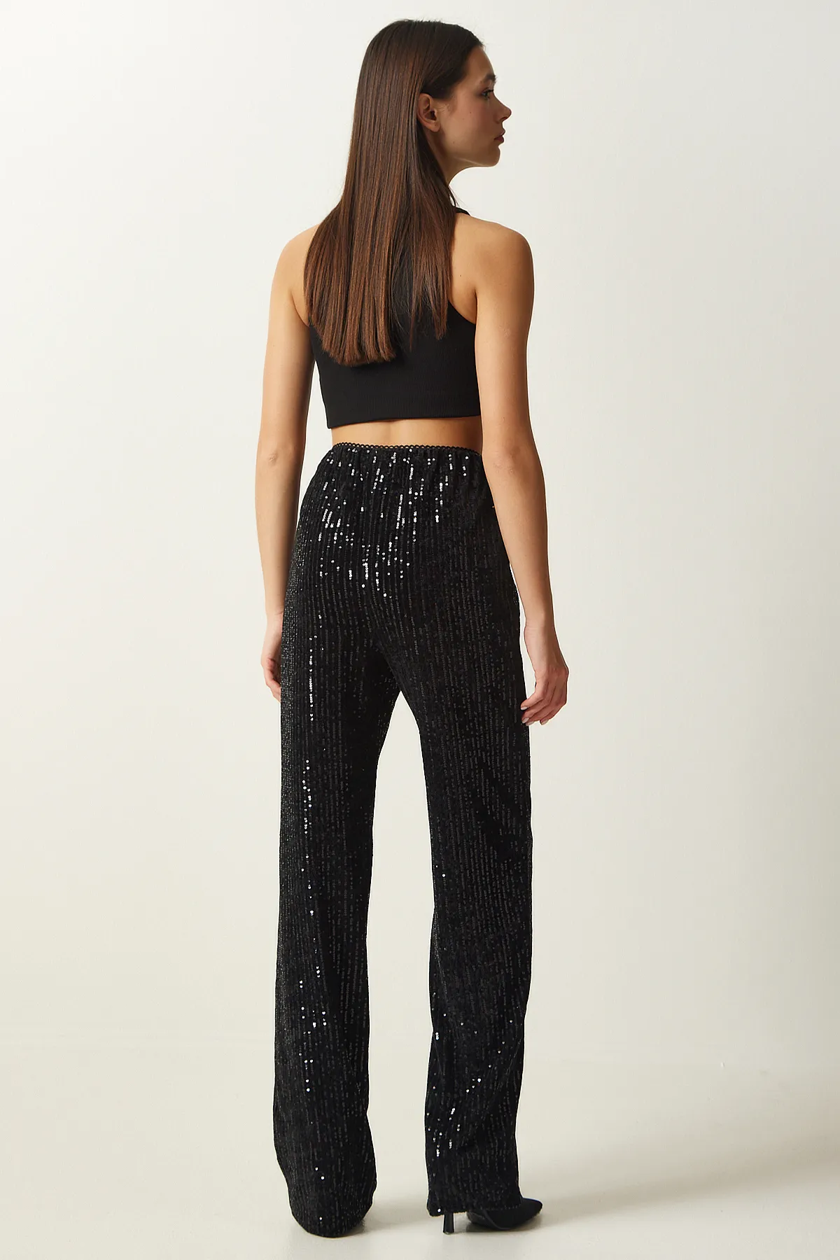 Happiness İstanbul  Schwarze Palazzo-Hose mit Pailletten für Damen MC00250
