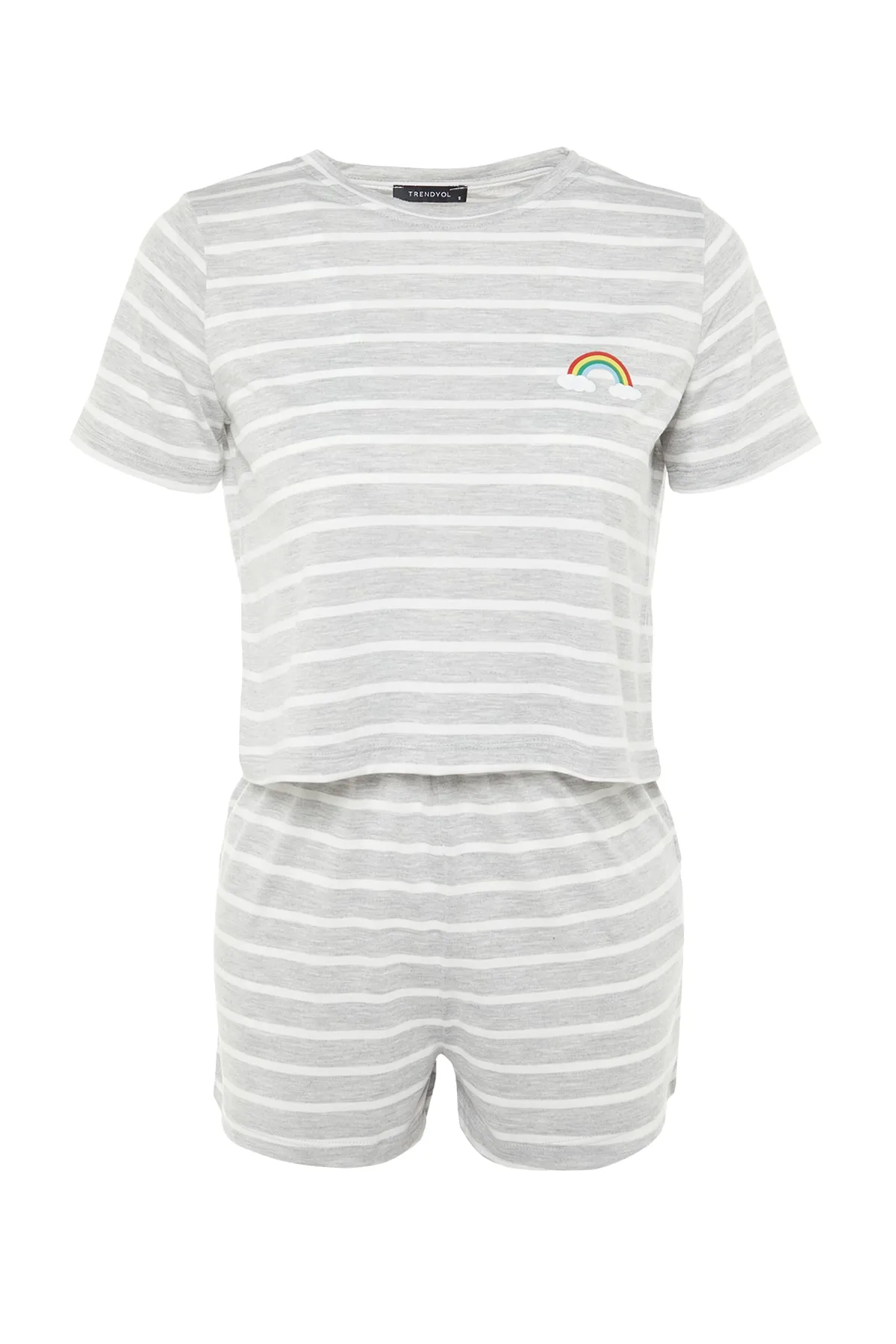 Trendyol Collection  Grau meliertes, mit Regenbogen bedrucktes T-Shirt-Shorts-Strick-Pyjama-Set THMSS20PT0230