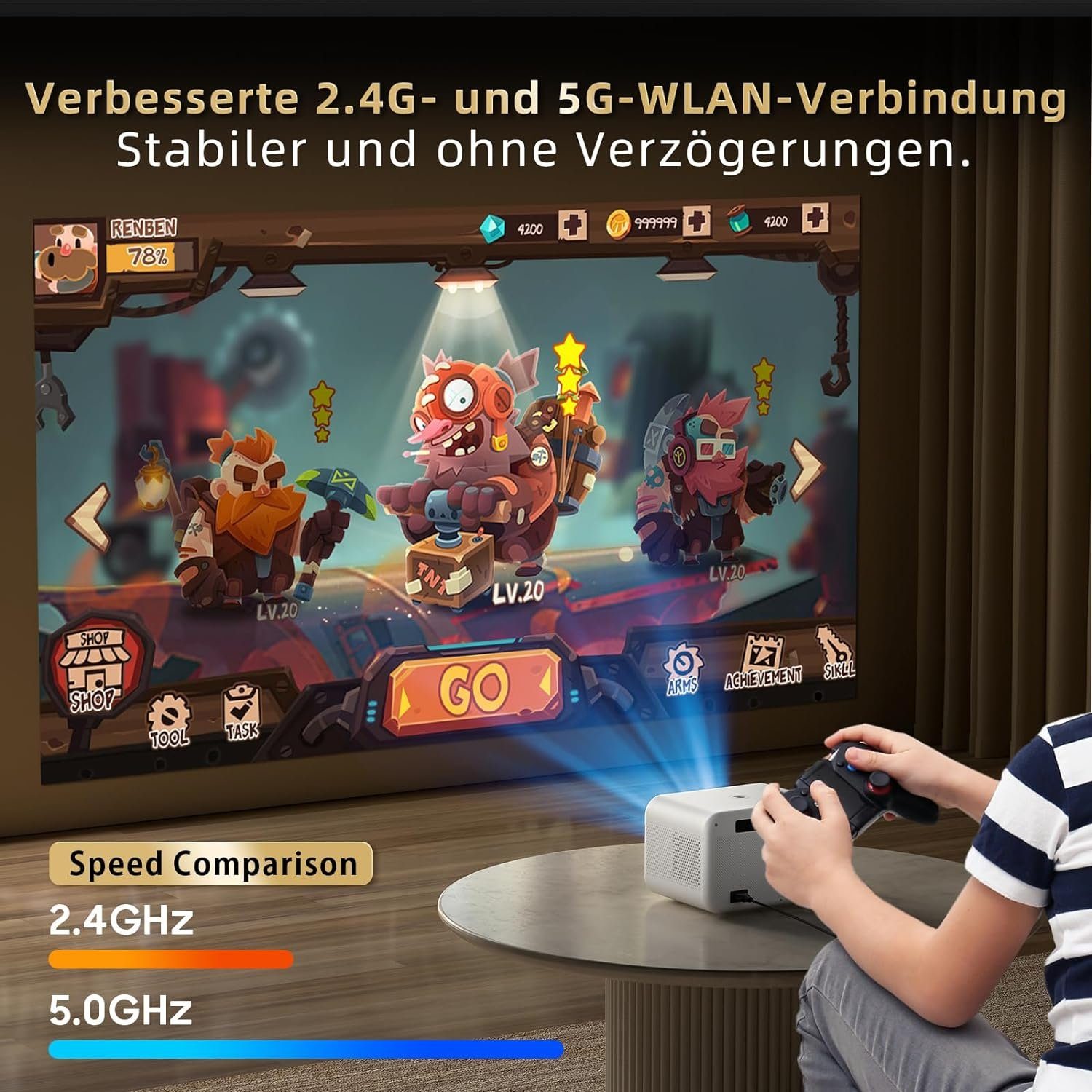 sainyer [Electric Fokus] 5G WiFi Mini Bluetooth 4K-Unterstützung Portabler Projektor (300 lm, ‎1920 x 1080 px, Video Projektor,300” Display, Outdoor Beamer für TV Stick/HDMI/USB)