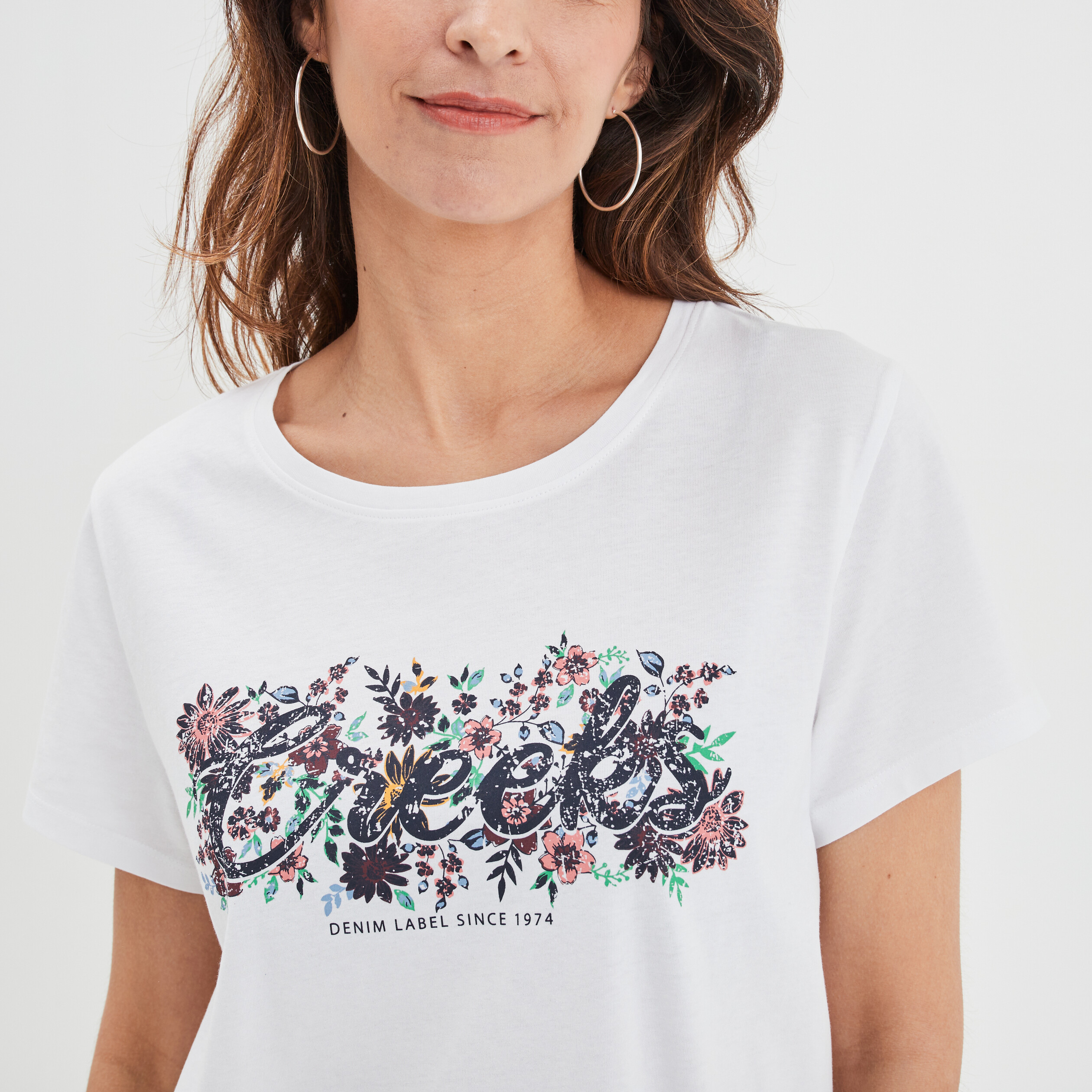 T-shirt ajusté col rond coton Creeks blanc femme | La Halle
