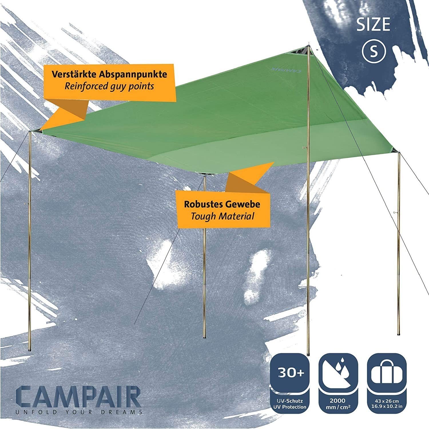 CAMPAIR Tarp-Zelt 3x3 Sonnenschutz Rechteckig, Robustes Gewebe 300 x 300 cm, UV Schutz, Personen: 4, als zusätzliche Überdachung oder Sonnenschutz