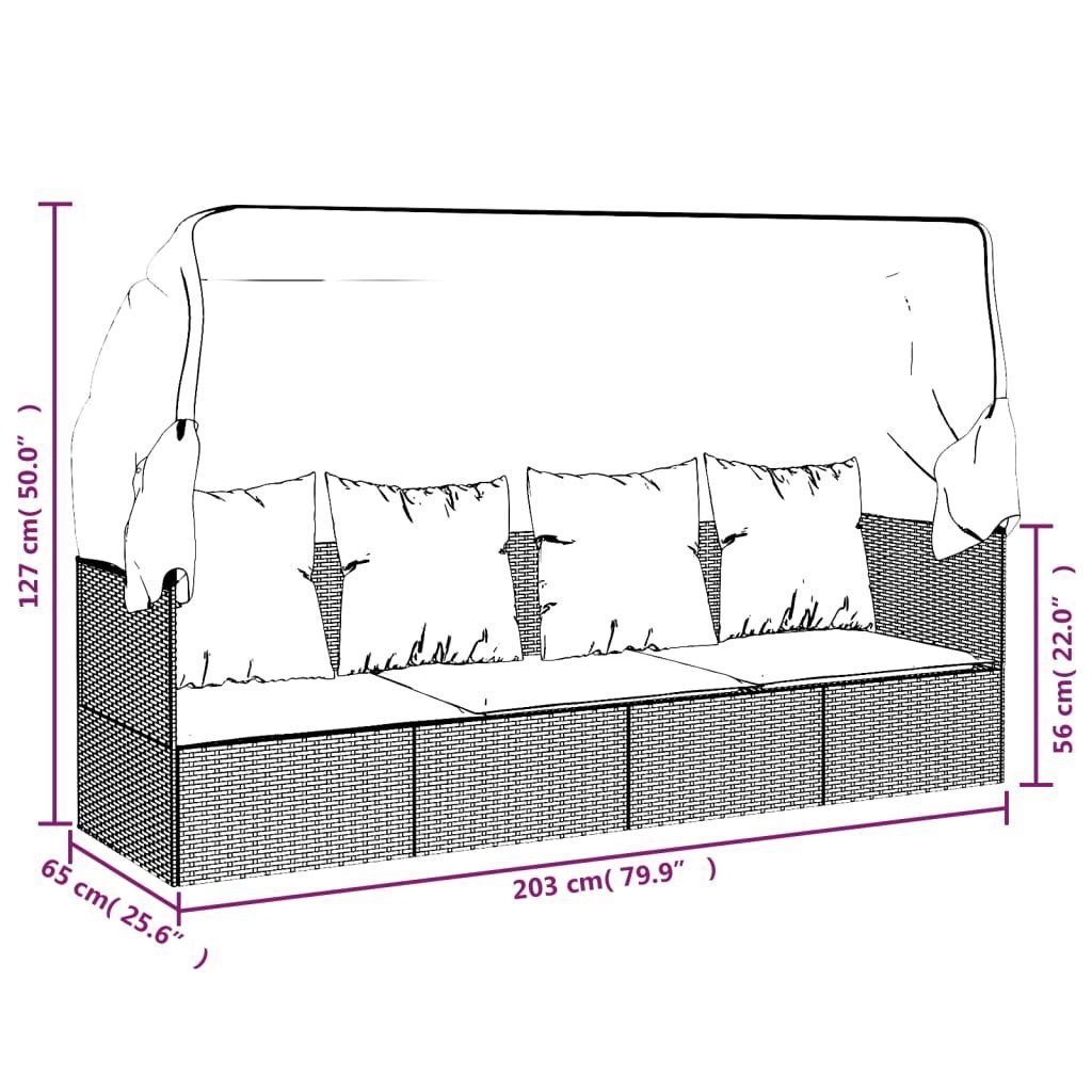 vidaXL Gartenliege Outdoor-Loungebett mit Dach und Kissen Schwarz Poly Rattan, 1 St.