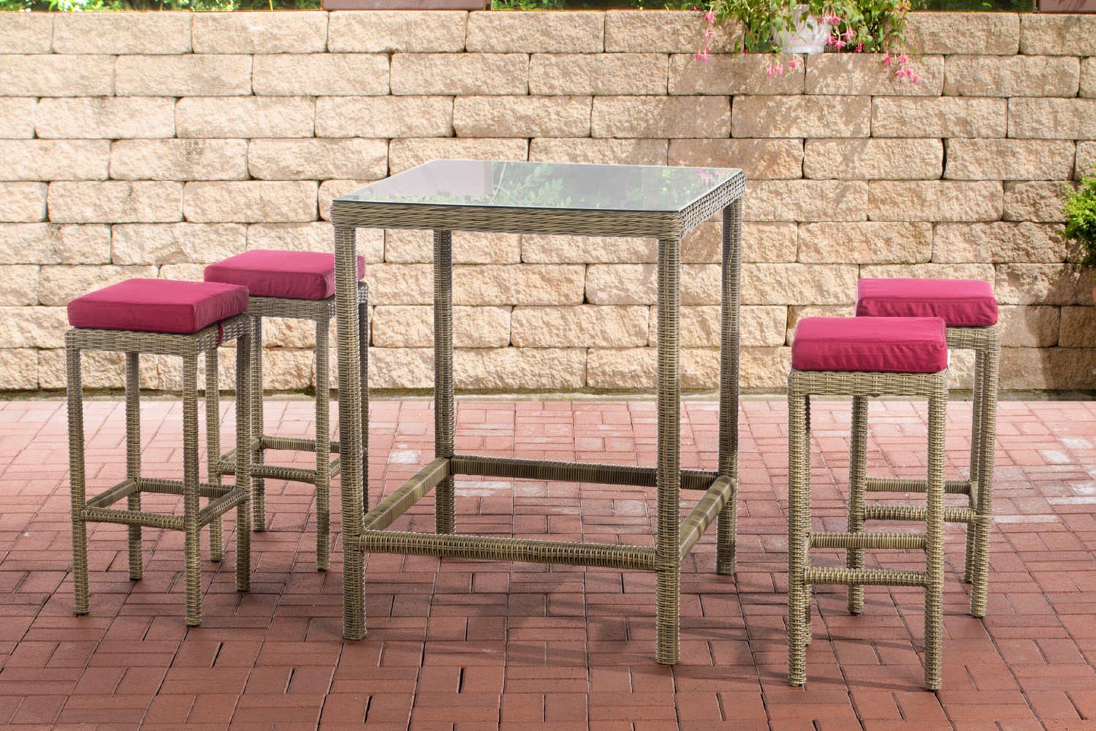 TPFGarden Gartenbar-Set Alina - aus 5mm Polyrattan und Aluminium-Gestell, (Stehtisch-Set mit 4 Hockern und Kunstlederauflagen, Gartenlounge-Set - wasserfest, pflegeleicht und UV-beständig), Maße (TxBxH): Tisch 84 x 84 x 110,5cm - Hocker 37 x 37 x 74,