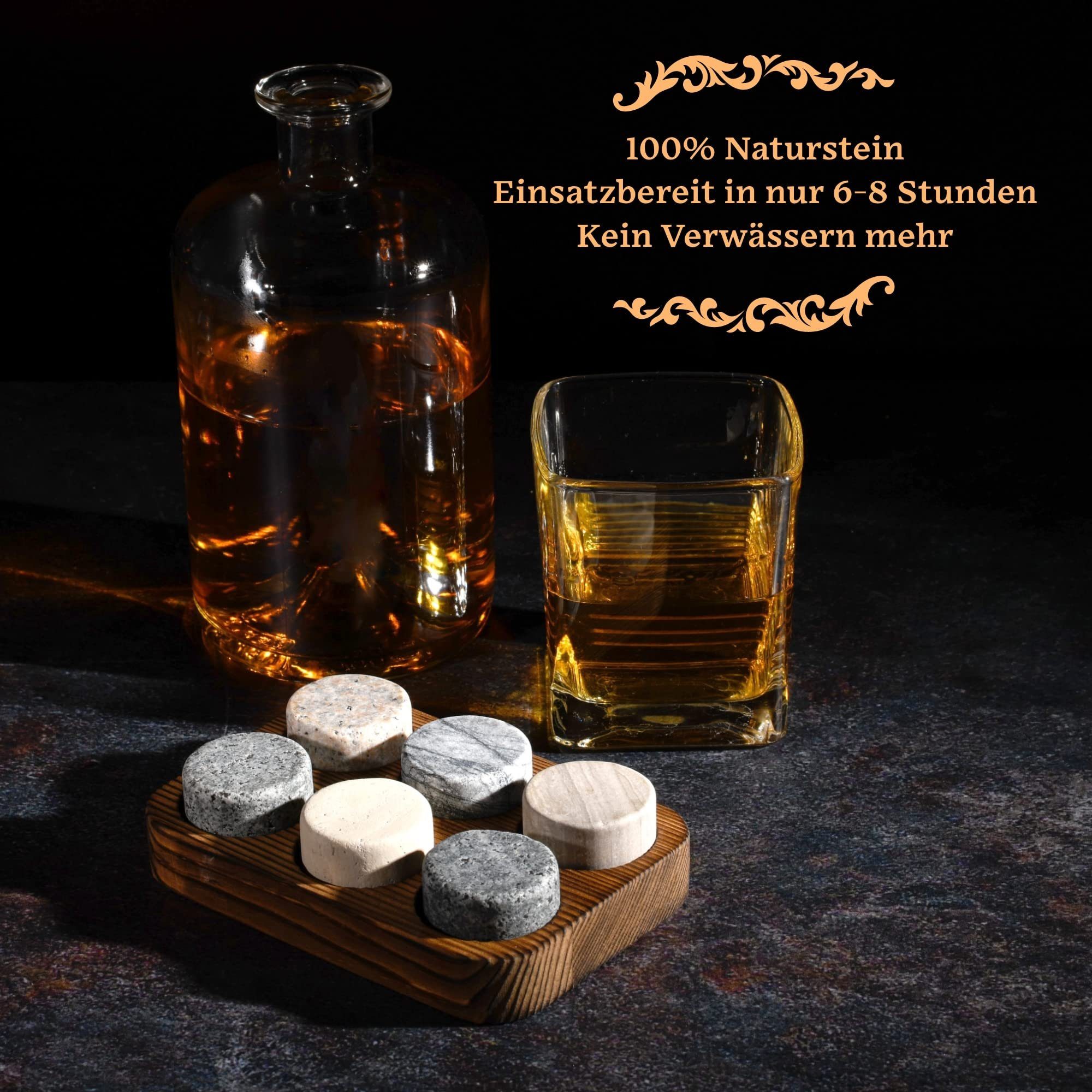 GOURMEO Whiskyglas Whiskey Steine Set: 6 Marmor, 3 Granit, Holzpräsentationsschale, Holz, Whiskey Steine Set: 6 Marmor und 3 Granit mit Holzpräsentationsschale