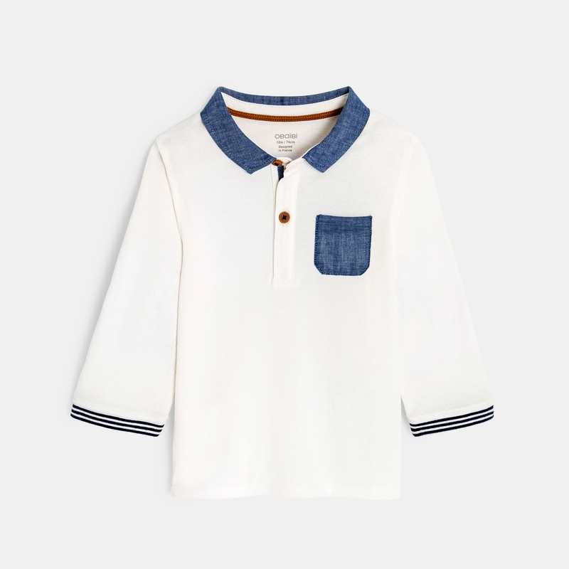 Polo maille piquée broderie chat blanc bébé garçon