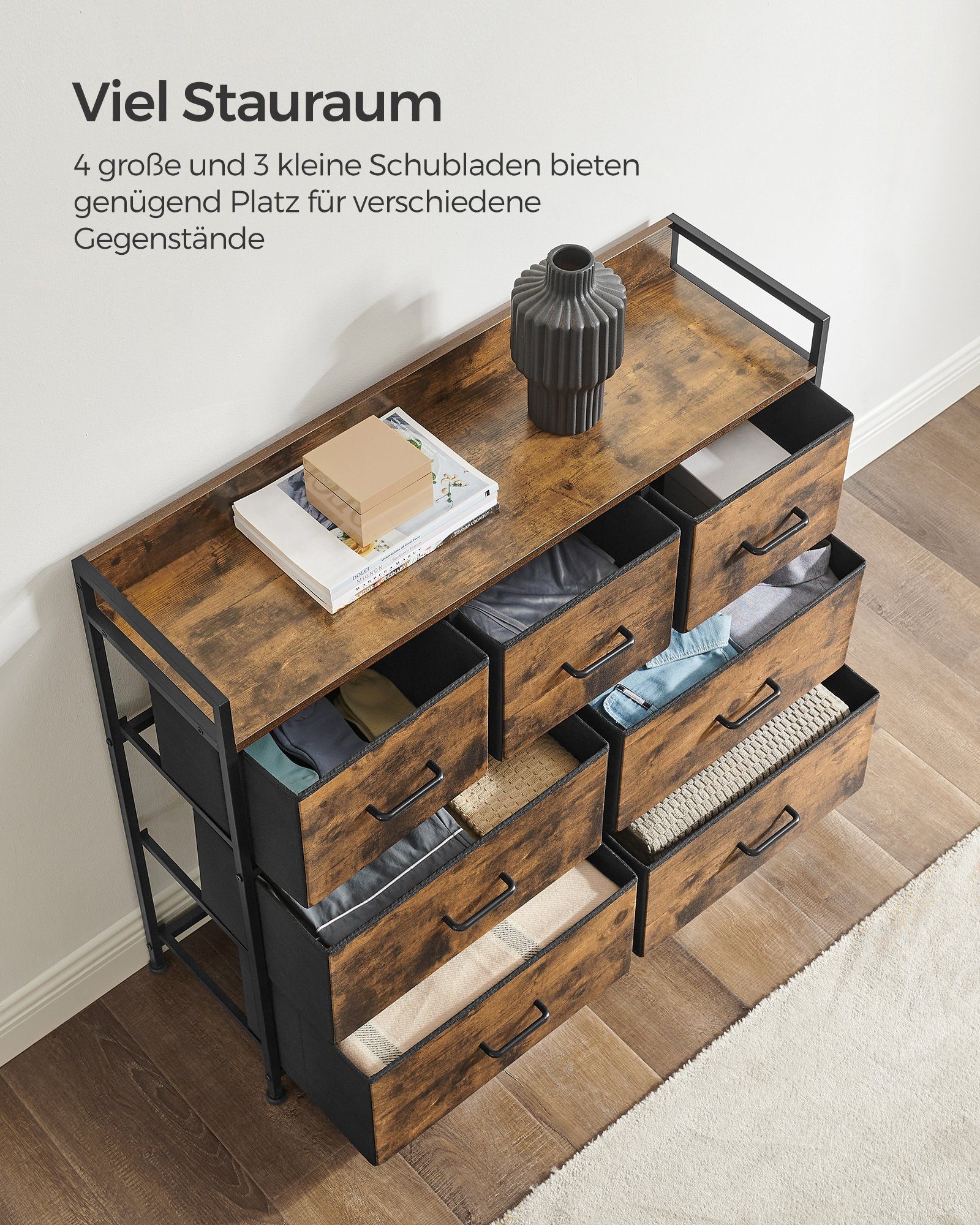 SONGMICS Kommode, 7 Stoffschubladen, Metallgestell, Industrie-Design