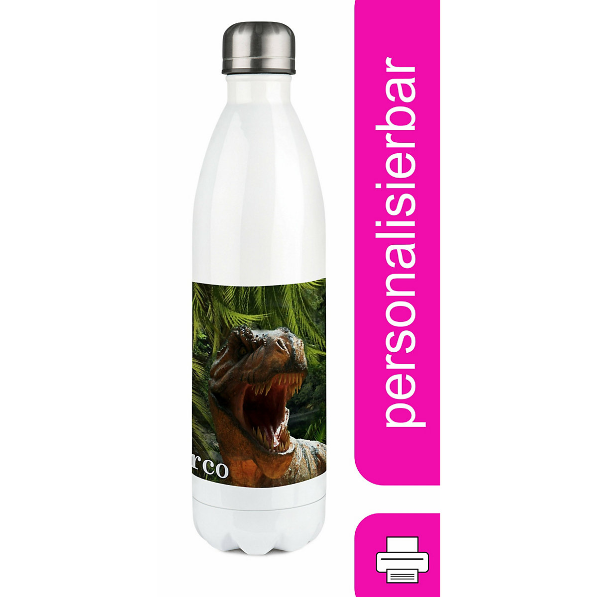 Edelstahl Kinder Thermoflasche / Trinkflasche bunt T-Rex Spülmaschinenfest, Auslaufsicher, Bruchfest, Doppelwandig, Für Heißgetränke geeignet, Mit Deckel, Isoliert