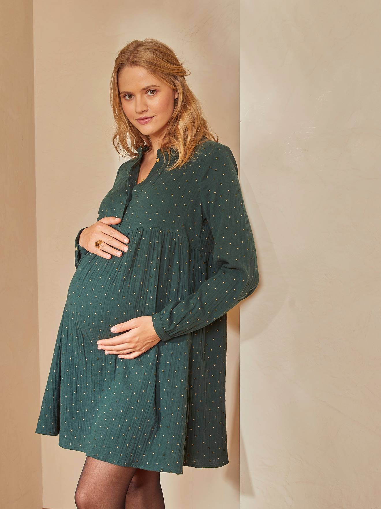 Robe imprimée gaze de coton grossesse et allaitement gris avec motif