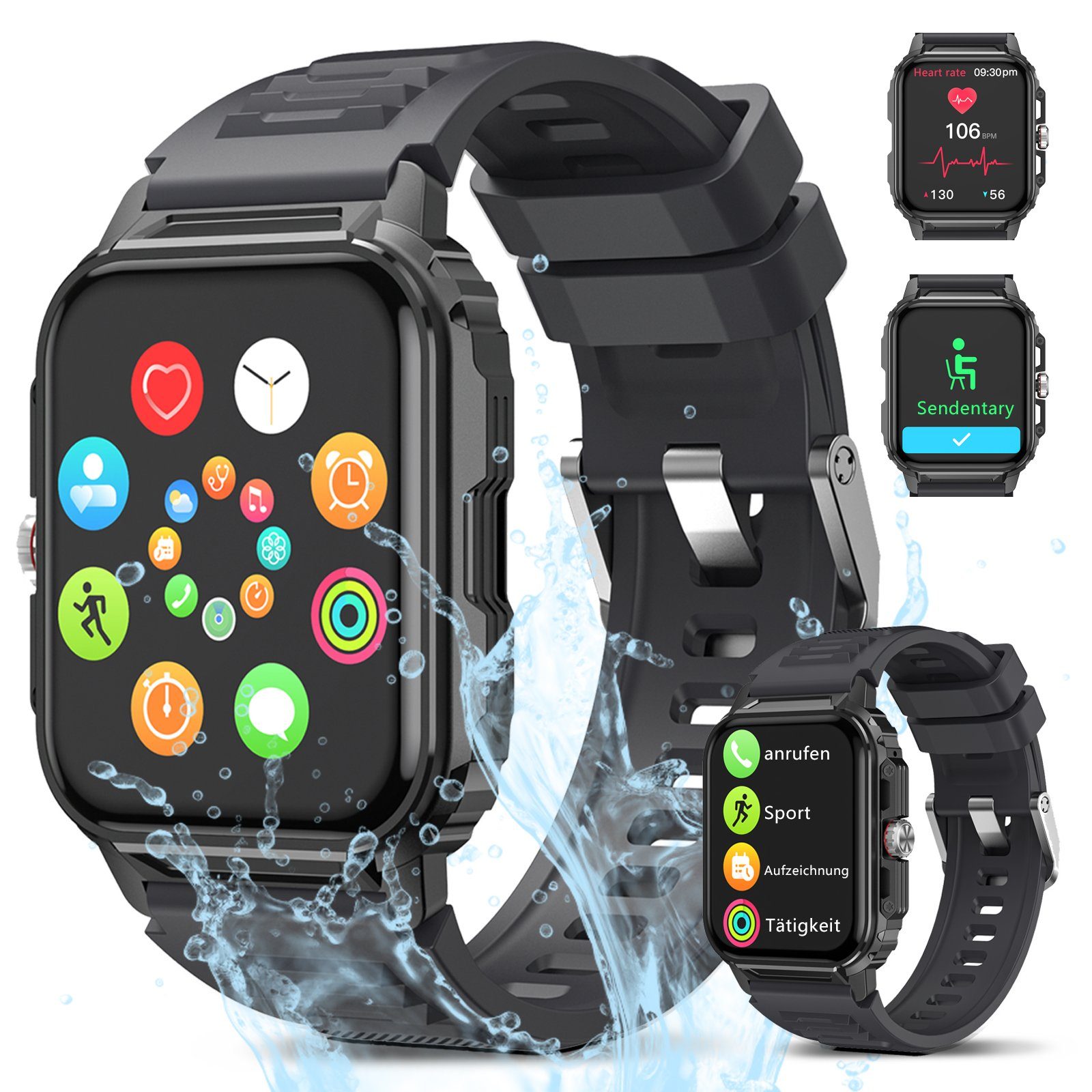 BUMHUM Smartwatch für Outdoor-Sport, Bluetooth-Anrufe, wasserdicht, Smartwatch (1.83 Zoll) Gesundheitsüberwachung, dreifacher Schutz, Fitnessuhr mit Telefonfunktion, IP68 Wasserdicht, 1.85