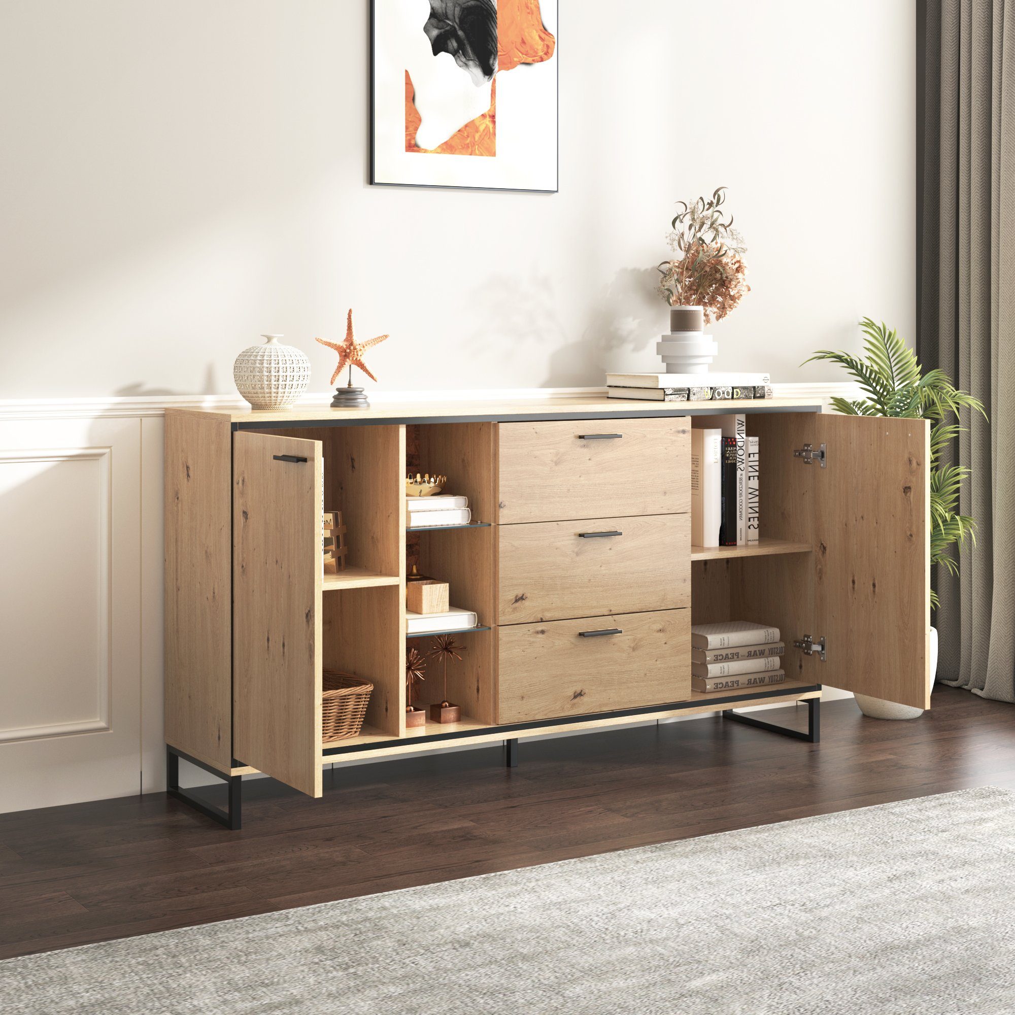 Merax Sideboard mit LED-Beleuchtung und Glasablagen, Kommode Holz mit großem Stauraum und verstellbare Einlegeböden