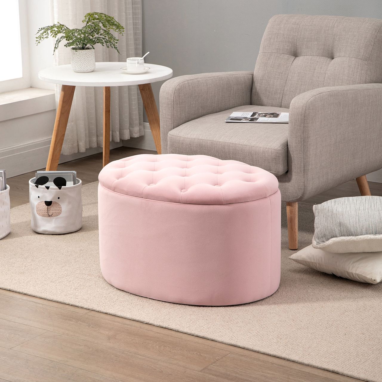 HOMCOM Sitzbank Polsterbank mit Stauraum Truhenbank Ovale Form Flur Schlafzimmer Wohnzimmer samtartiges Polyester Gummiholz Rosa 71 x 52 x 42 cm