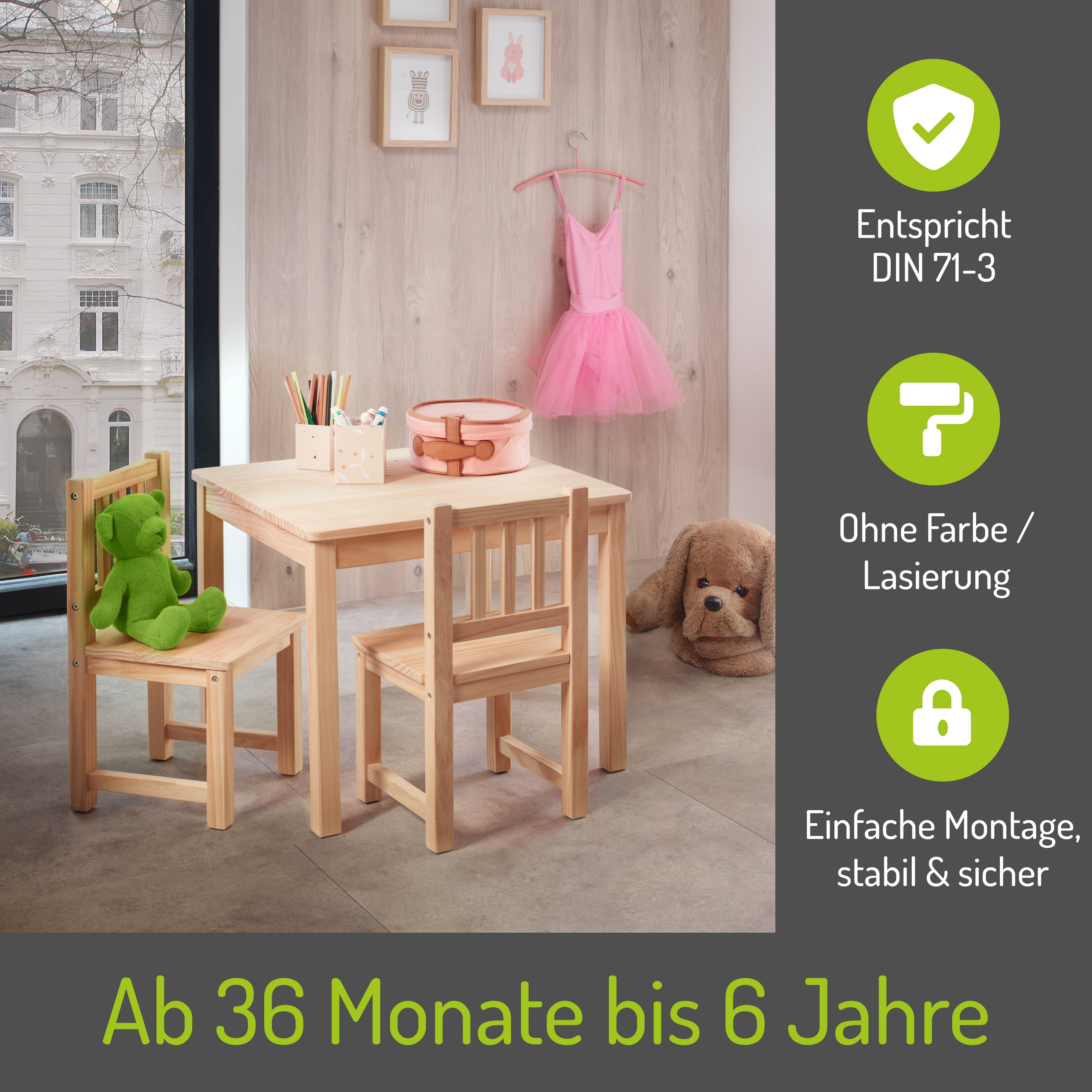 BOMI Kindersitzgruppe Holzsitzgruppe Amy, (3-tlg), Kindertischgruppe aus Holz (Tisch und 2 Stühle, 3-tlg)