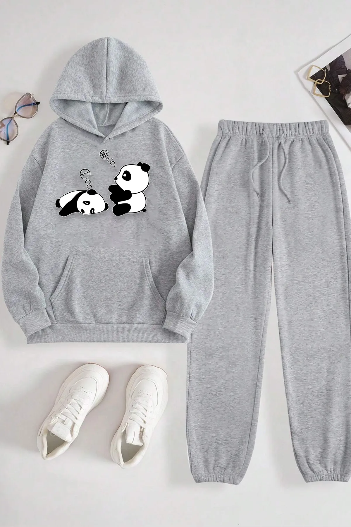 uyguntarz  Bequemes Trainingsanzug-Set mit Sleepy Panda-Aufdruck für Unisex