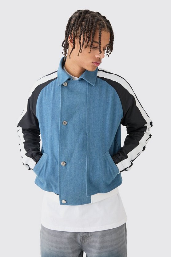 Kastige Jacke aus Denim und Nylon mit Streifen-Detail