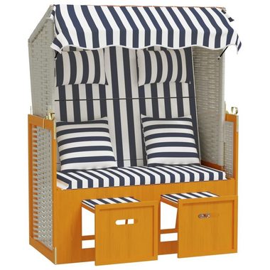 vidaXL Gartenliege Strandkorb mit Kissen Poly Rattan & Massivholz Weiß & Blau, 1 St.