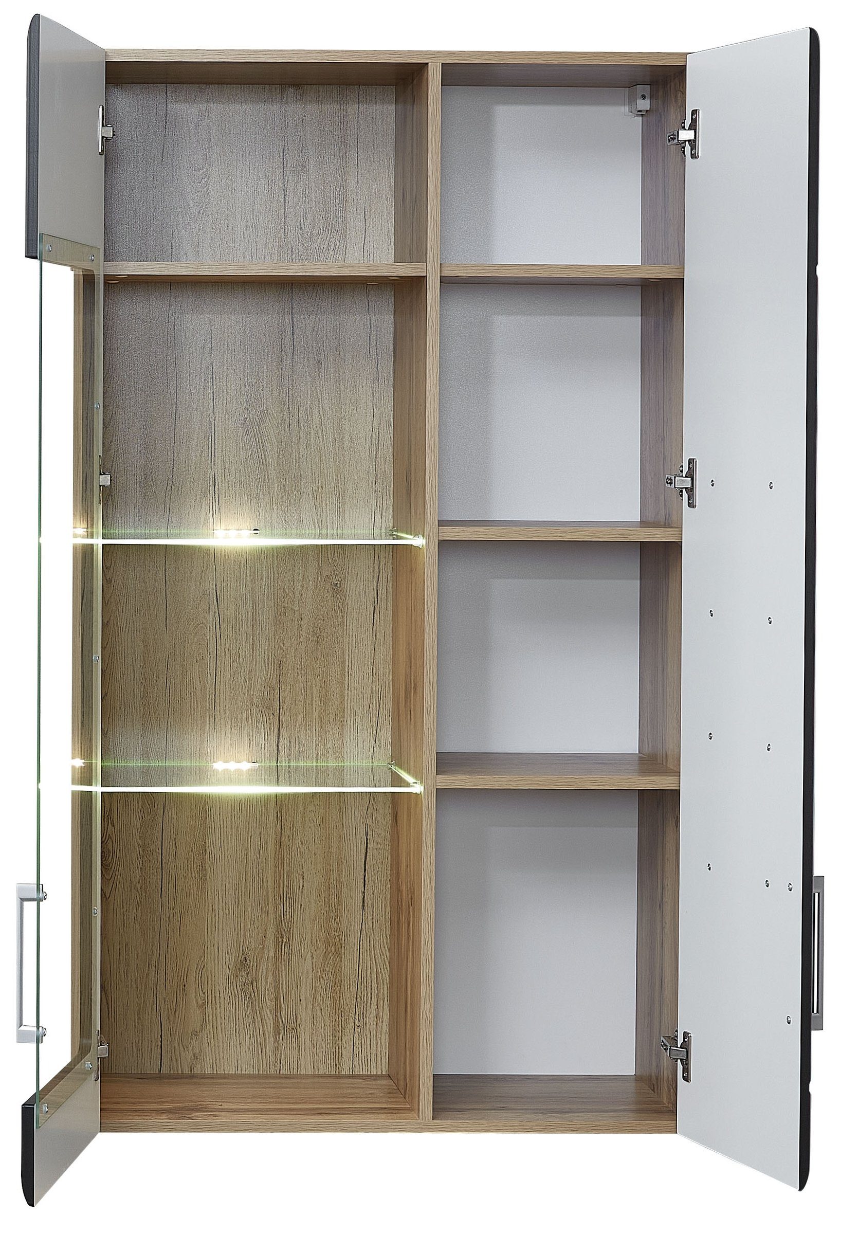 möbelando Wohnwand Sidonia, (5-St), Moderne Wohnwand. Korpus aus MDF in Eiche Altholz Nachbildung, Front in Lack Laminat schwarz supermatt, Griffe in chrom matt und Absetzung in Hirnholz Nachbildung