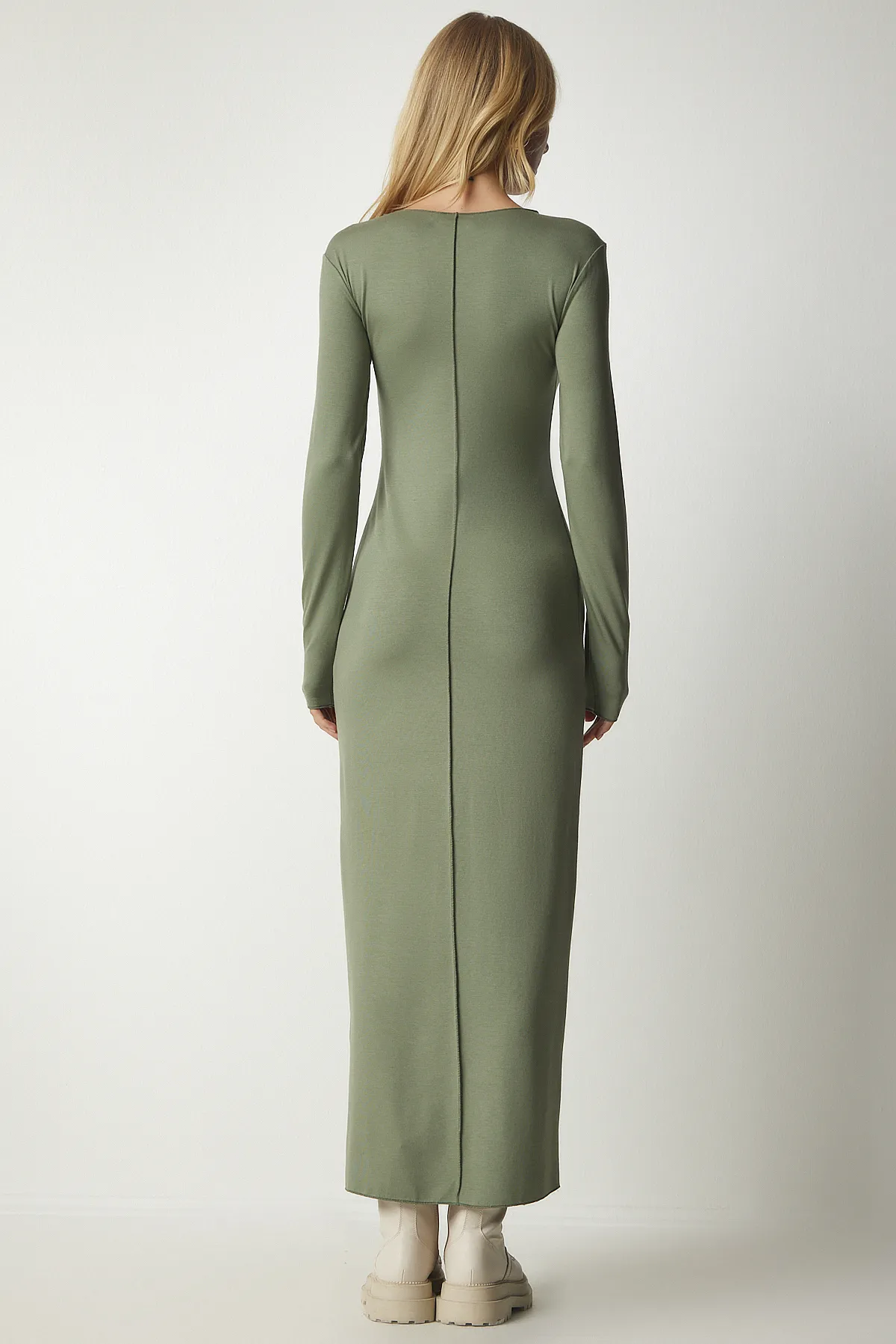 Happiness İstanbul  Grünes, grünes, geschlitztes, langes Viskosekleid für Damen UB00181