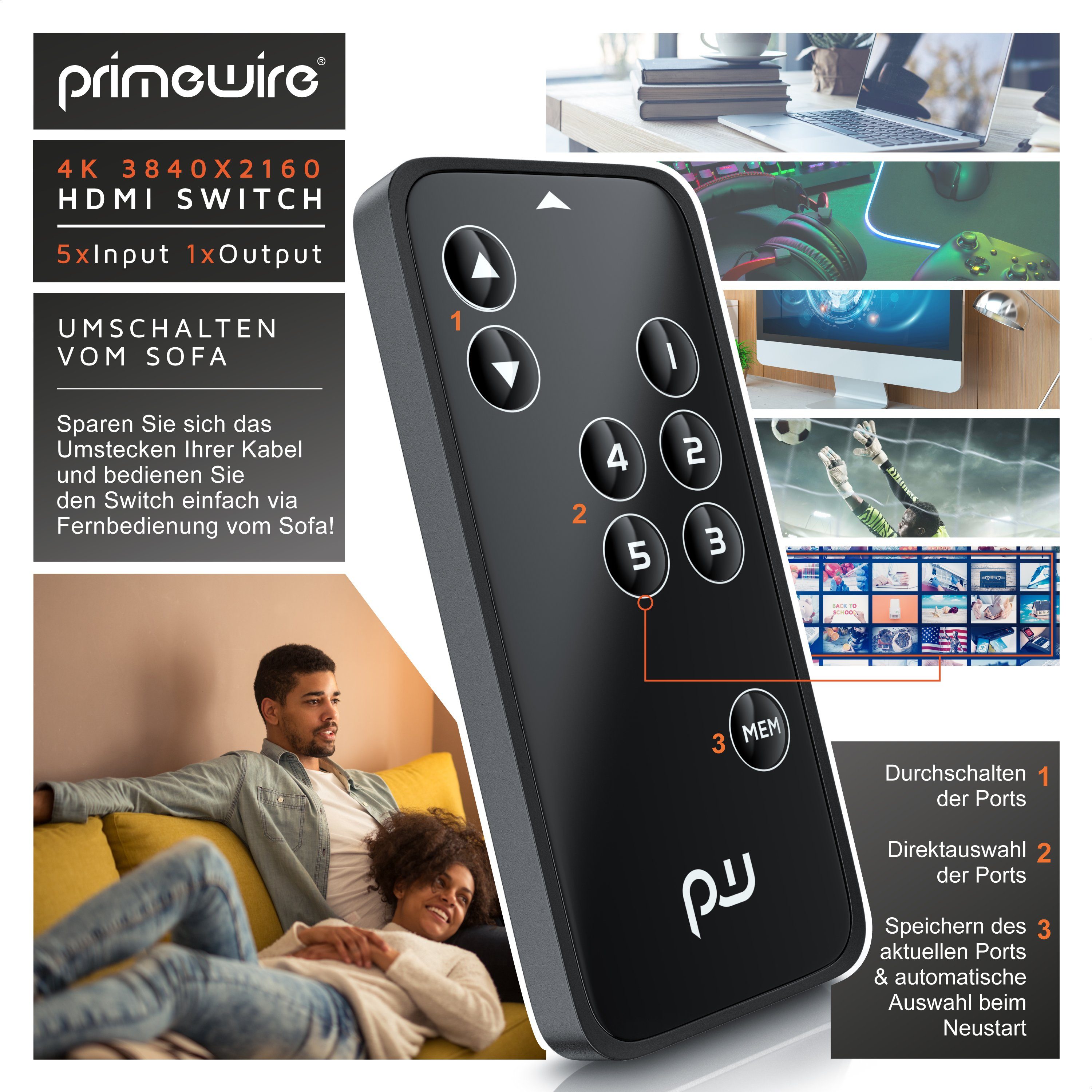 Primewire Audio / Video Matrix-Switch, 5-Port Ultra HD 4K HDMI Umschalter mit Fernbedienung - 5x IN/1x OUT