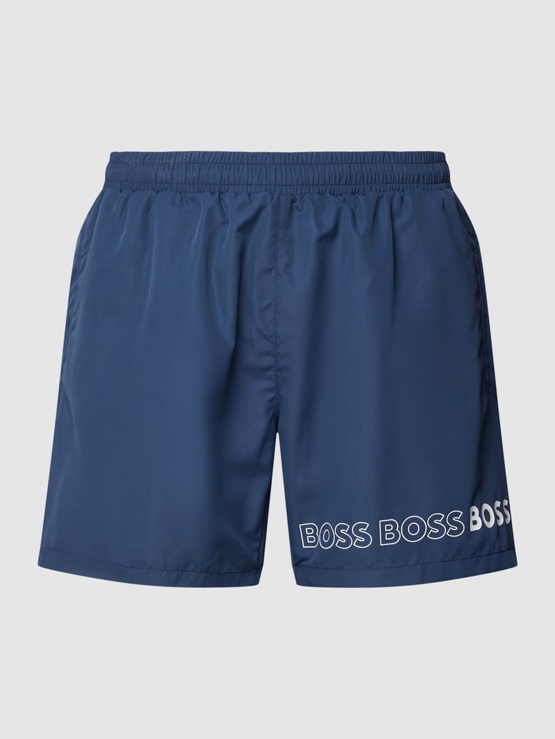 Badeshorts mit Label-Druck Modell 'Dolphin' in dunkelblau