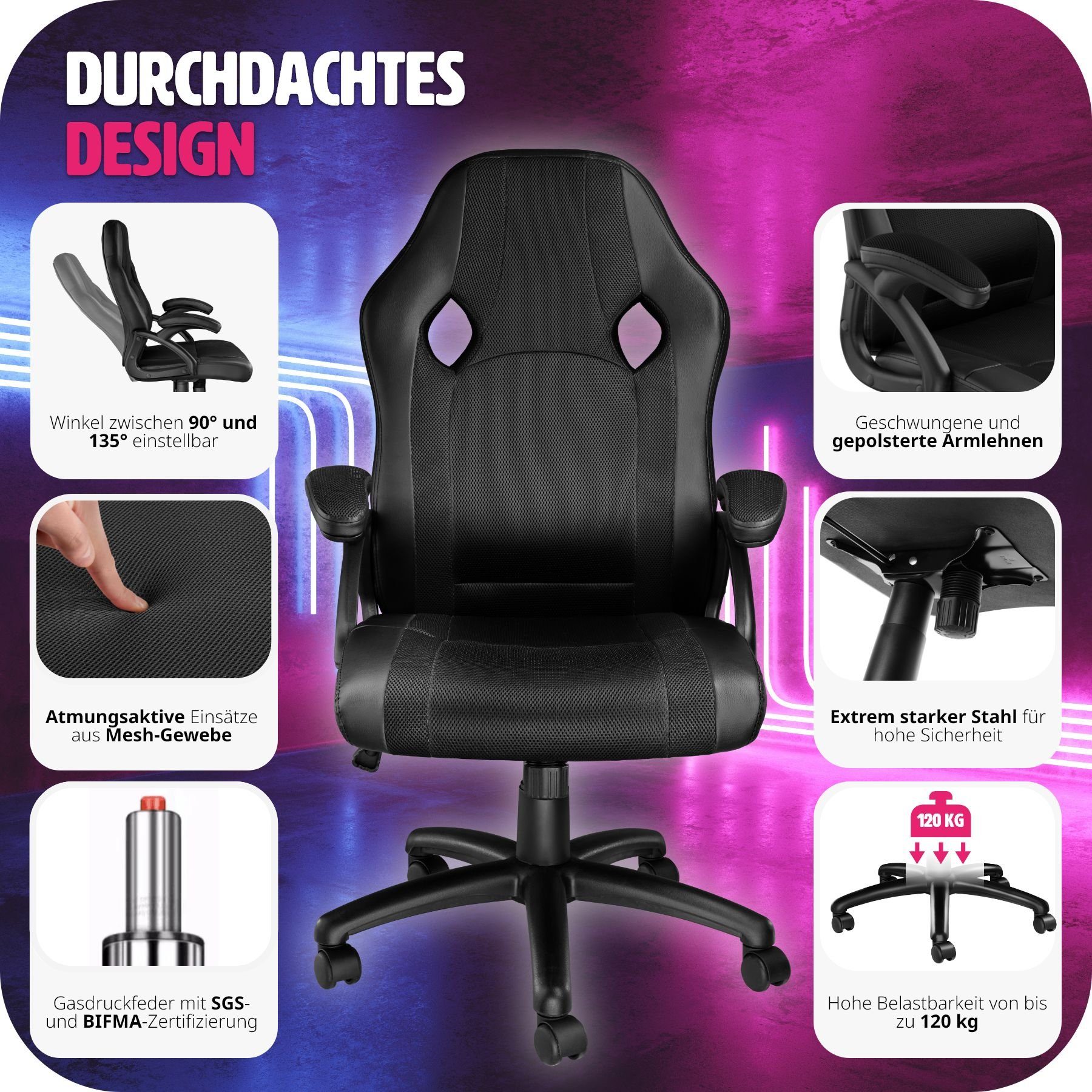 tectake Gaming-Stuhl Goodman (1er, 1 St), einstellbare Wippmechanik