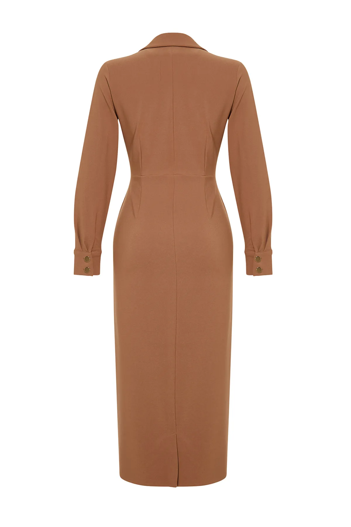 Trendyol Modest  Kamelfarbenes gewebtes Kleid mit zweireihigem Kragen und Knopfdetail TCTSS24EB00020