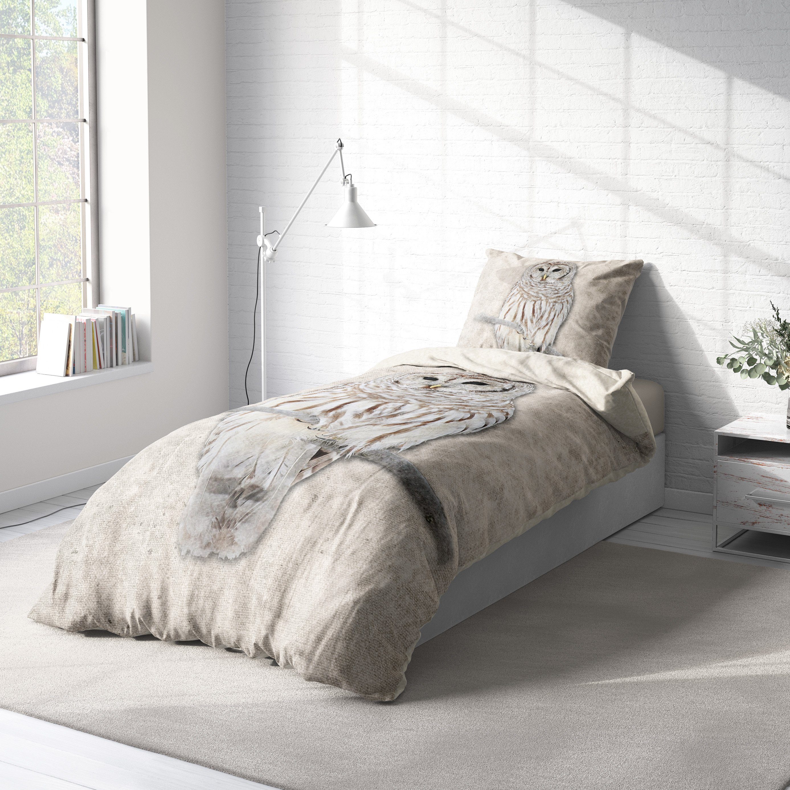 Bettwäsche Dolia, One Home, Fleece, 2 teilig, Eule Natur, kuschelig flauschig warm weich Winter