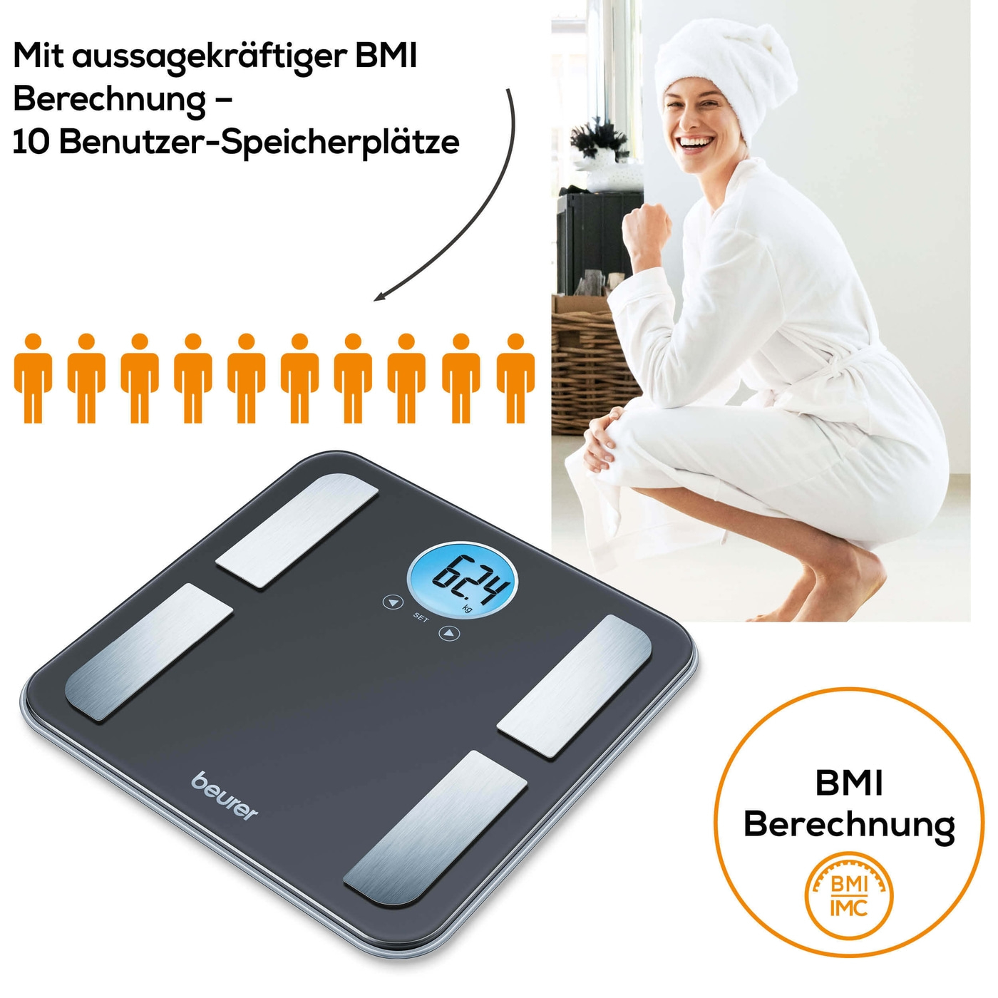 Beurer Diagnosewaage - BF 195-Körperfettwaage mit Ganzkörperanalyse & runder LCD-Anzeige bis 180 kg