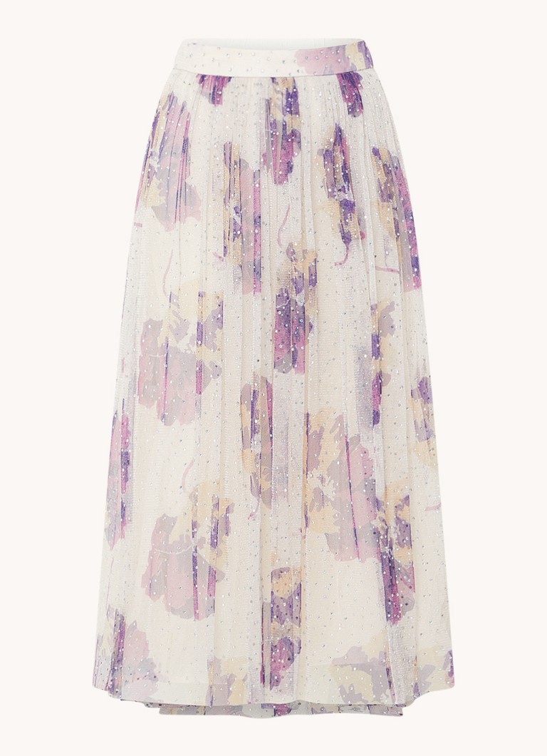 Gonna midi Raya di ba&sh in maglia con stampa floreale e strass.