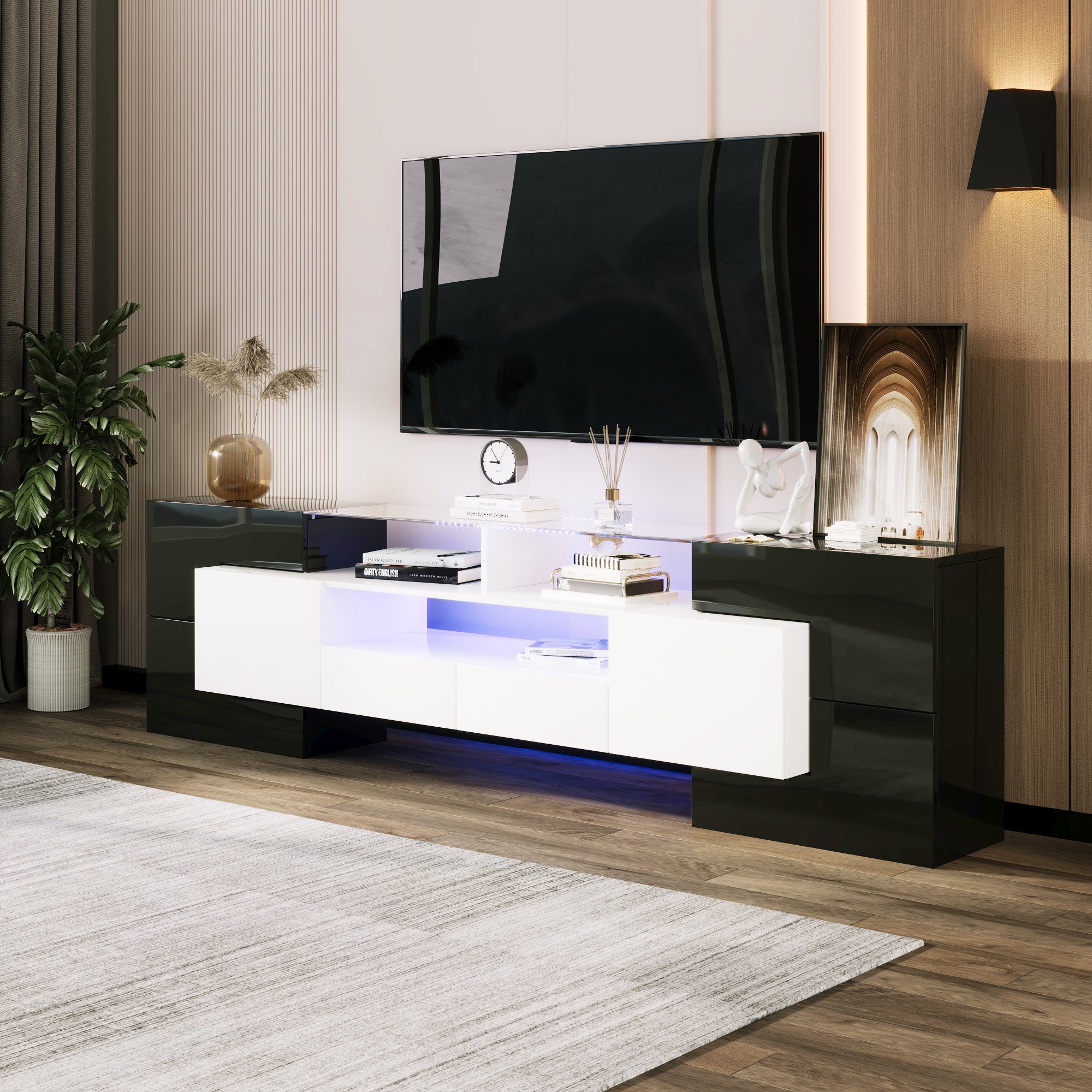 REDOM TV-Schrank Lowboard (1-St., Schwarz+Weiß, 200 cm) Elegante Glasoberfläche., LED-Beleuchtung