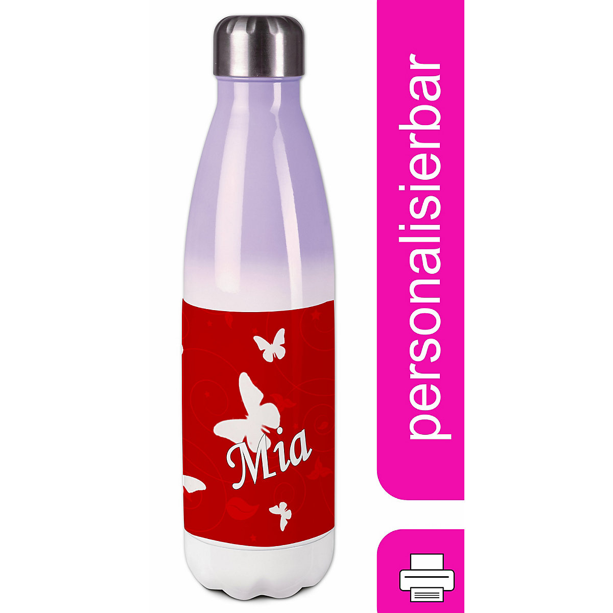 Edelstahl Kinder Thermoflasche / Trinkflasche bunt Schmetterling Ornamente Farbe rot Spülmaschinenfest, Auslaufsicher, Bruchfest, Doppelwandig, Für Heißgetränke geeignet, Mit Deckel, Isoliert