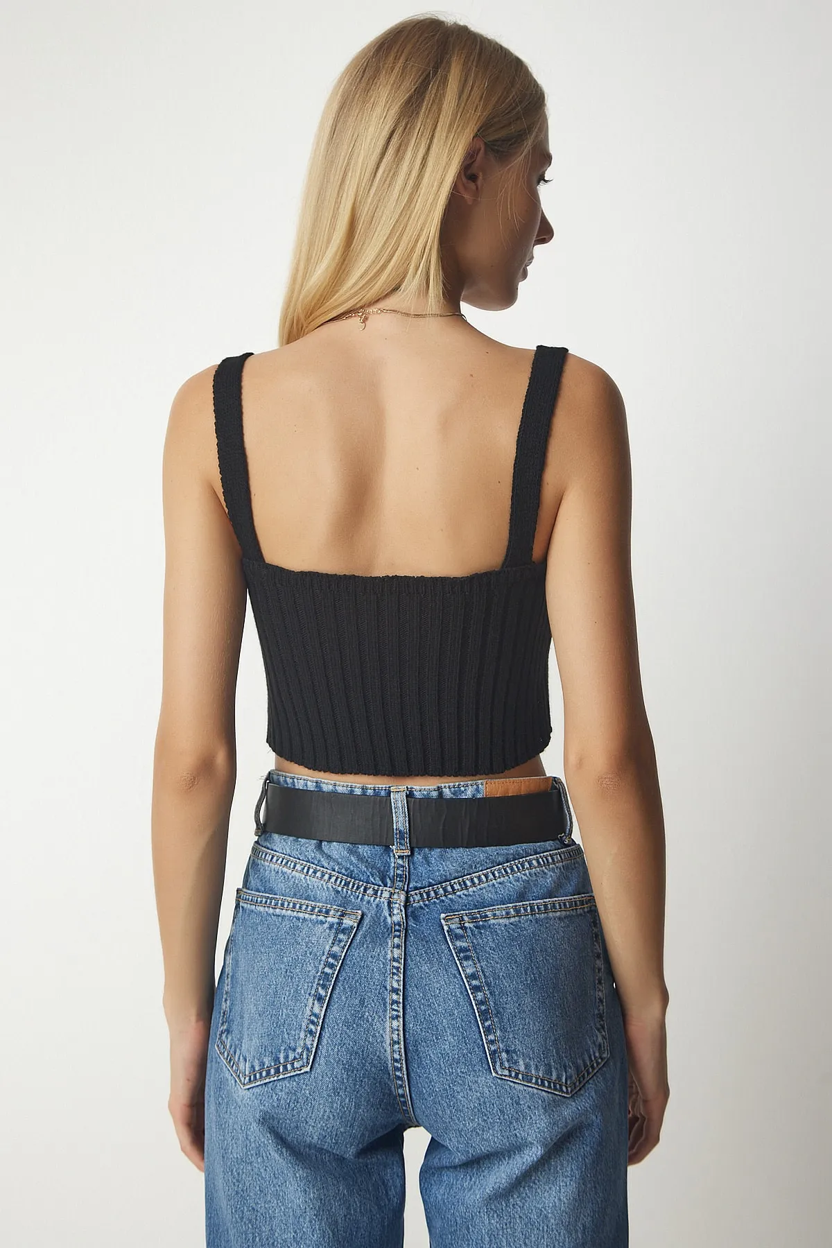 Happiness İstanbul  Schwarzes Strick-Bustier-Cardigan-Set für Damen YY00168