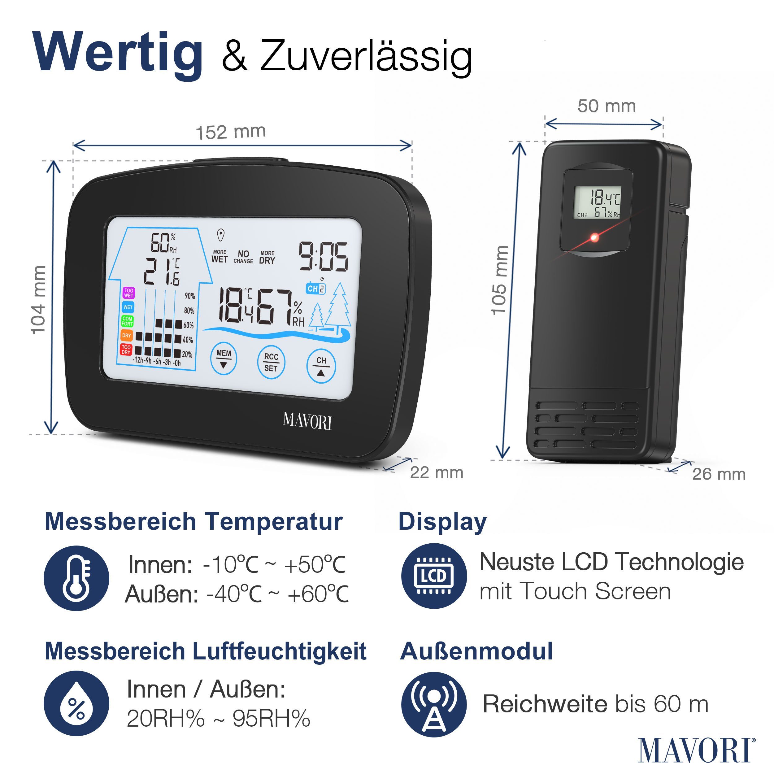 MAVORI Funk Hygro-Thermometer mit Außensensor – präzise und dekorativ Funkwetterstation (Funk Außensensor, Funkuhr)