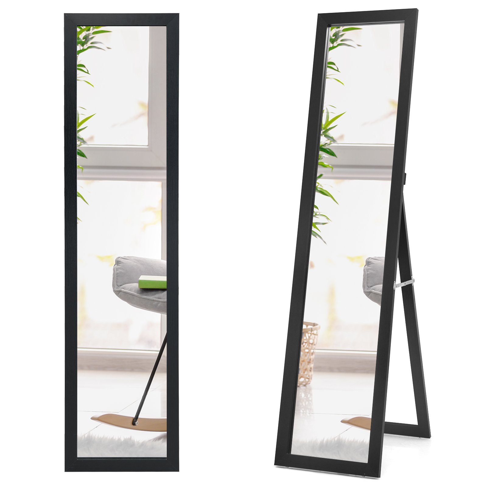 COSTWAY Ganzkörperspiegel, mit klappbarem Holzrahmen, stehend/hängend 37x155cm