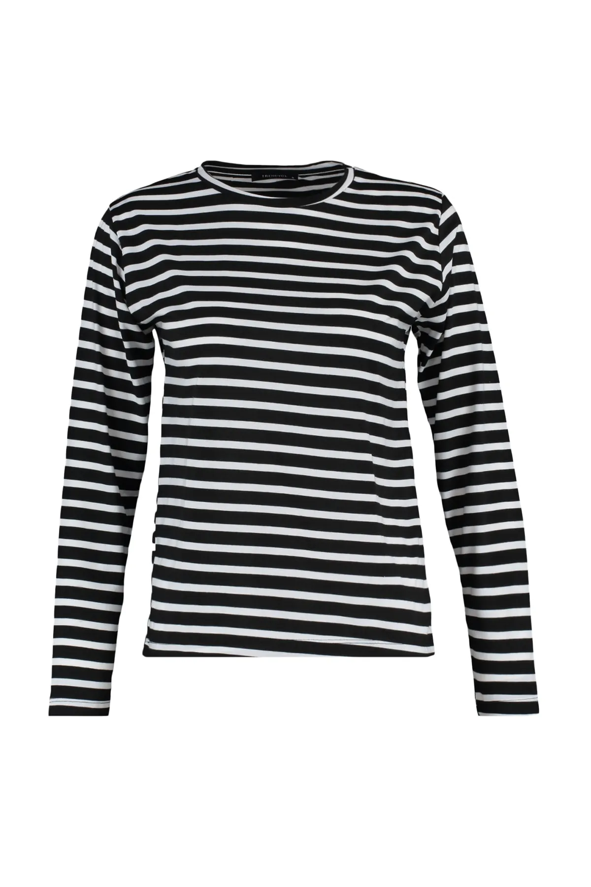 Trendyol Collection  Schwarz gestreiftes Basic-Strick-T-Shirt mit normalem/normalem Muster und Rundhalsausschnitt TWOAW23TS00002