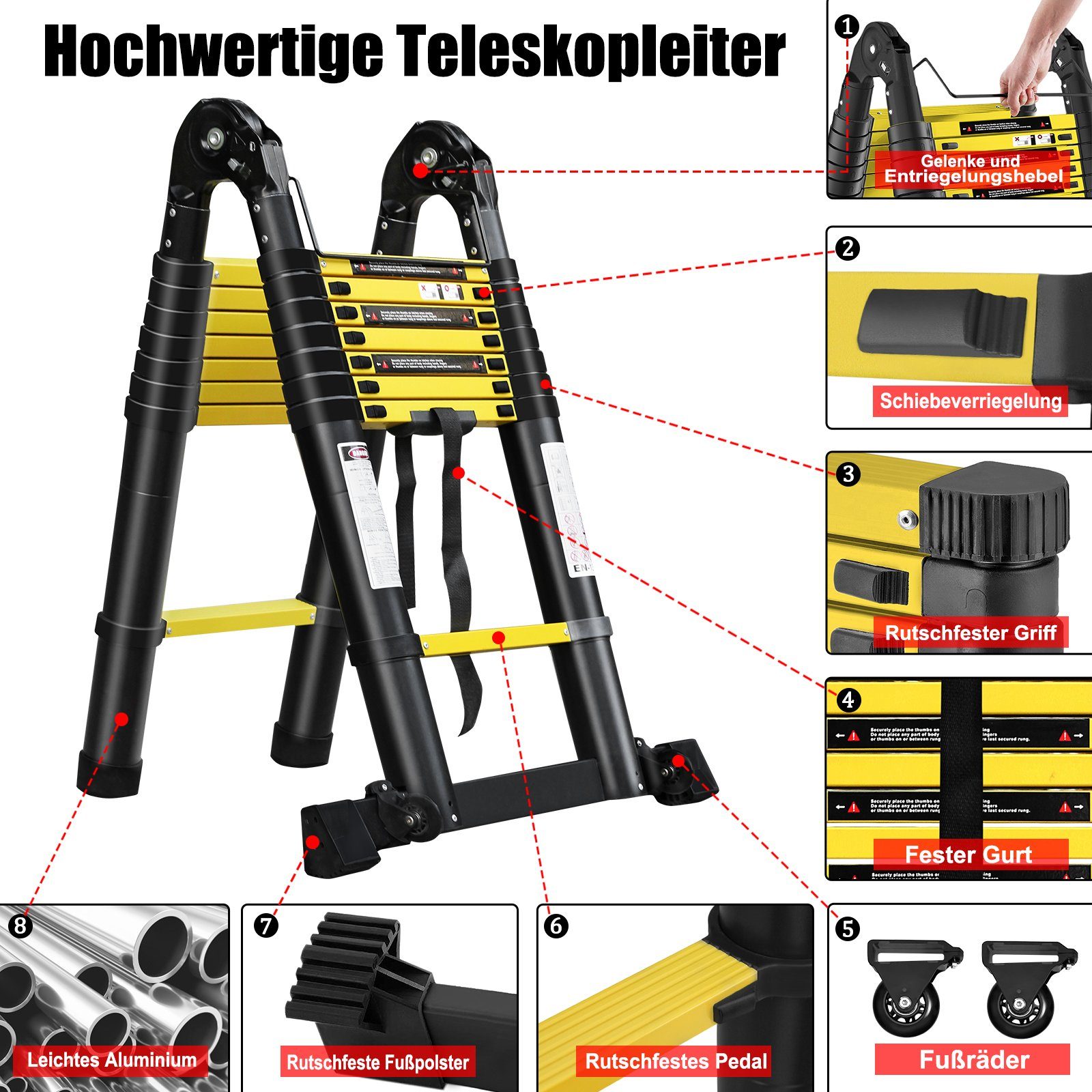 UISEBRT Teleskopleiter Klappbar Alu-teleskopleiter Aluleiter