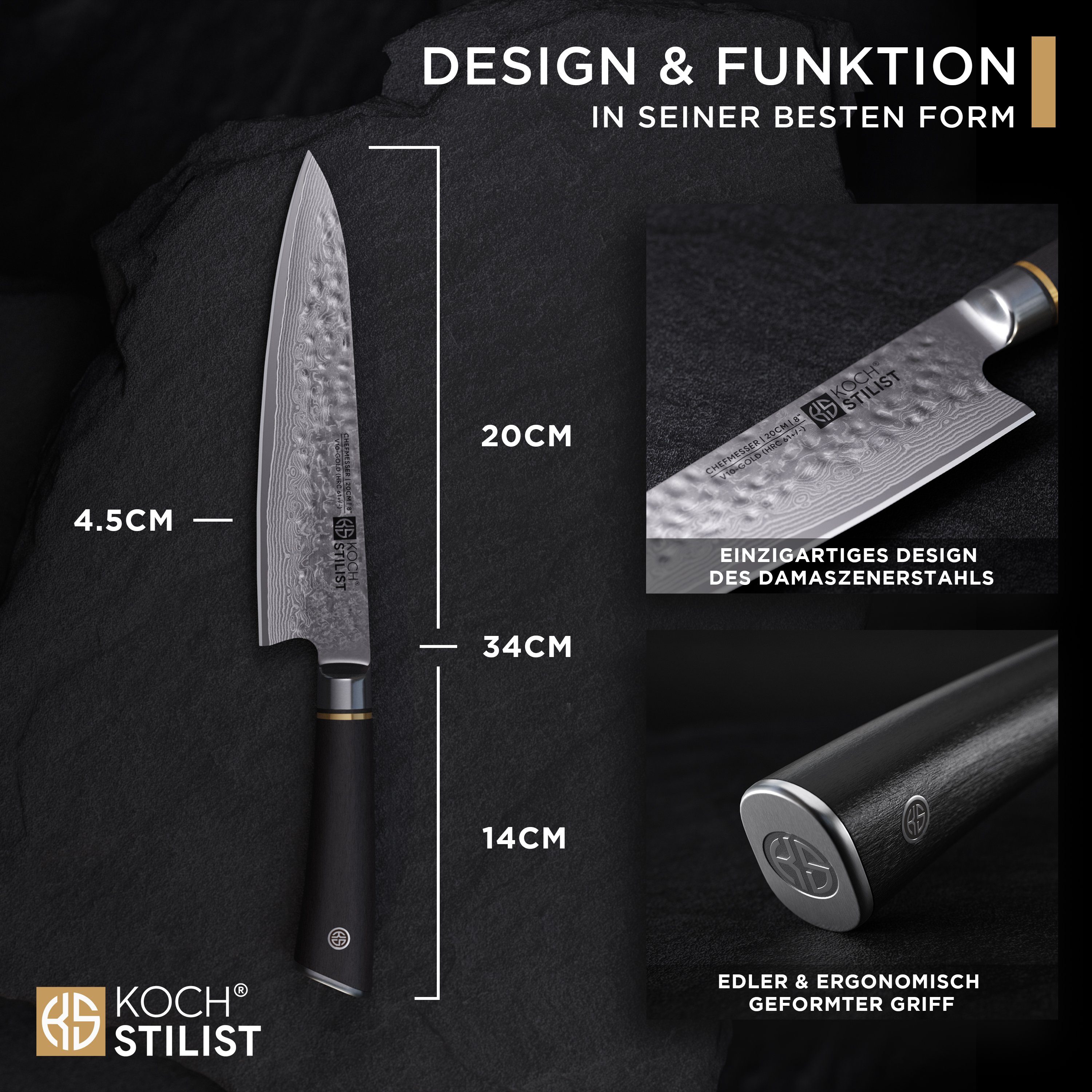 KOCHSTILIST by Kris Wu Damastmesser scharf, 20 cm - Messer, Damast, Chef, Japan, Kochmesser, Küchenmesser, Damaszener Stahl (67-Lagen)