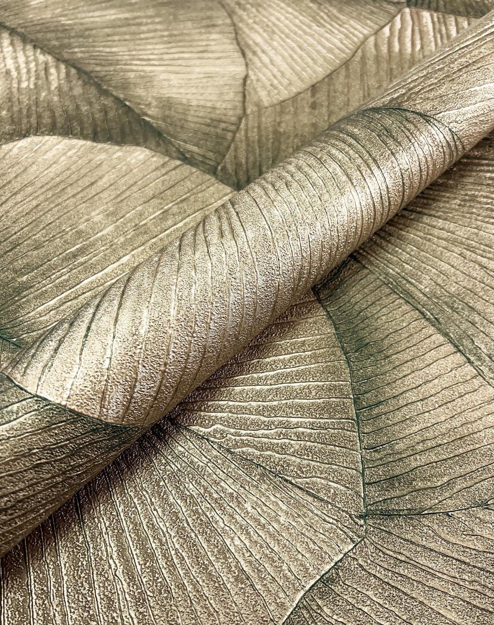 Newroom Vliestapete, Gold Tapete Modern Dschungel - Mustertapete Dschungeltapete Beige Braun Tropisch Floral Palmen Blätter für Wohnzimmer Schlafzimmer Küche