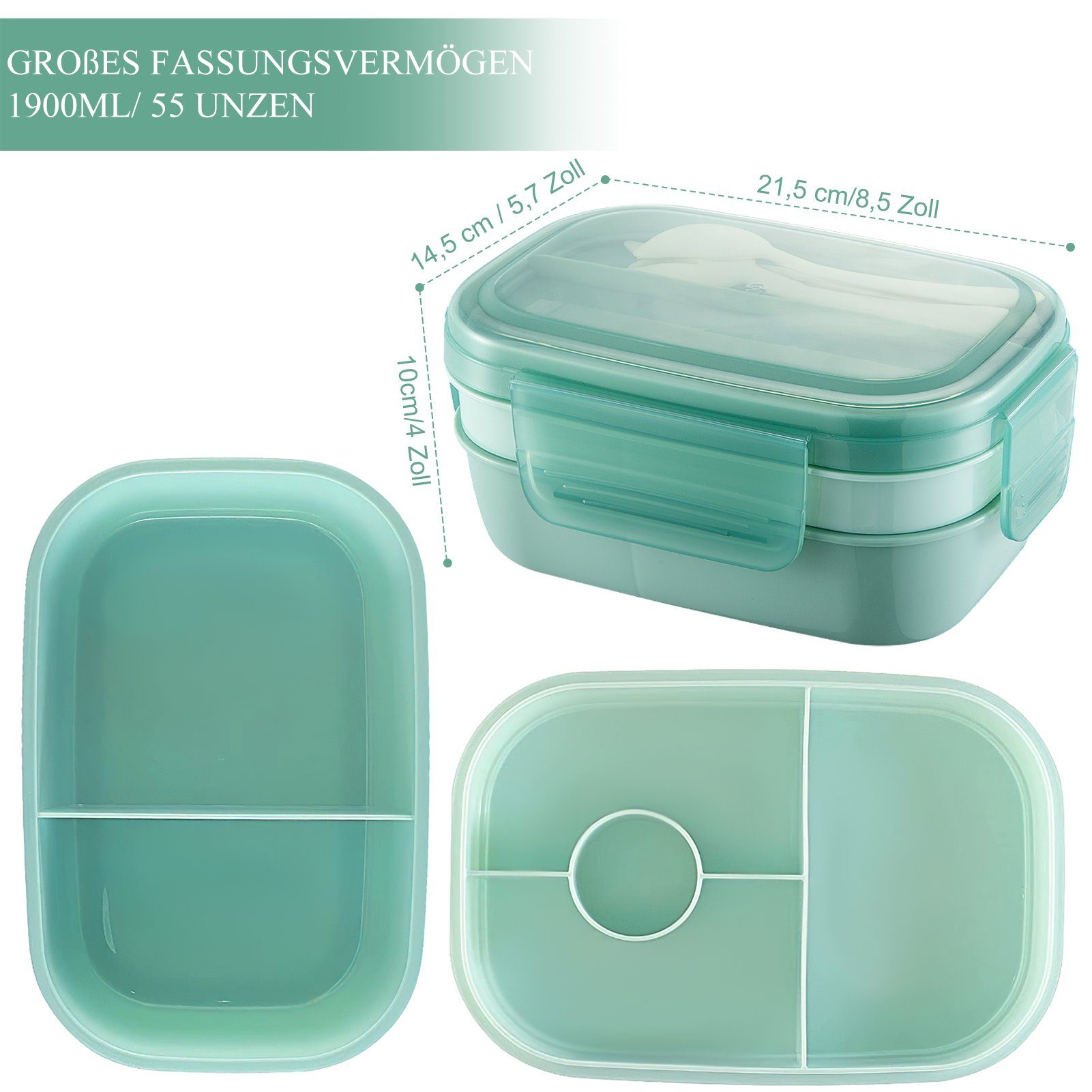 MDHAND Lunchbox 1900ML Lunch Box Auslaufsichere Lunch Box mit Fächern, Licht grün
