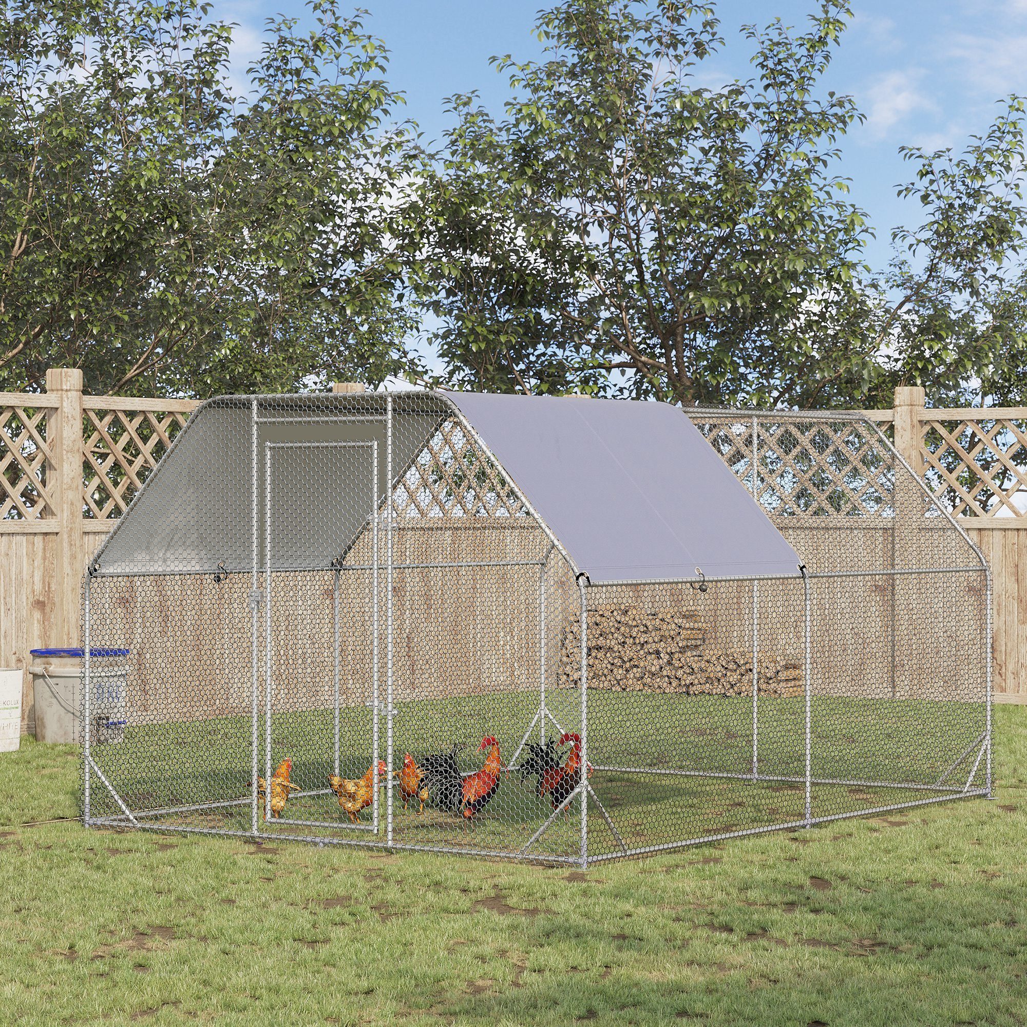 PawHut Hühnerstall 280x380x195cm Freilaufgehege, Hühnerkäfig mit Tür, Sonnenschutzdach, Geflügelstall für 10-12 Hühner, Oxford, Silber