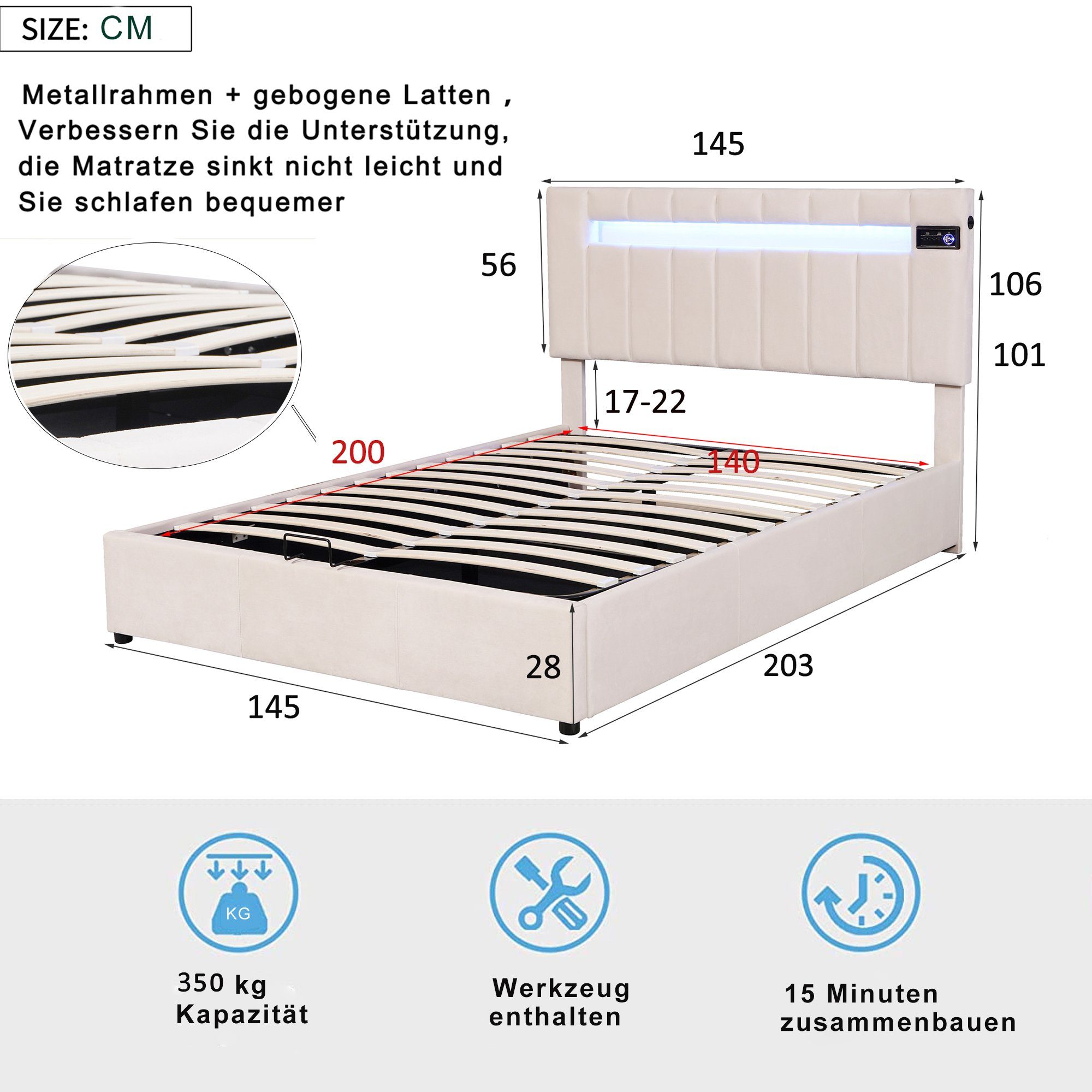 Flieks Polsterbett, LED-Licht USB-Laden hydraulisches Holzbett Samt 140x200cm
