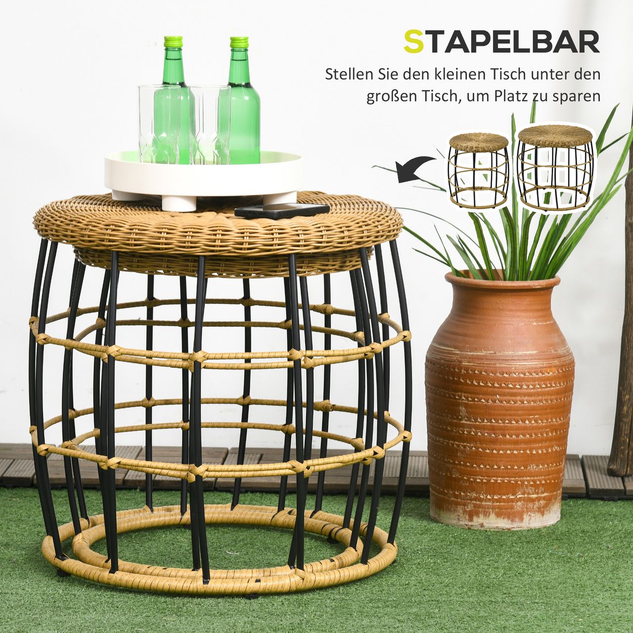 Outsunny Rattan Beistelltisch 2er-Set Couchtisch, Stapelbar Sofatisch für Garten