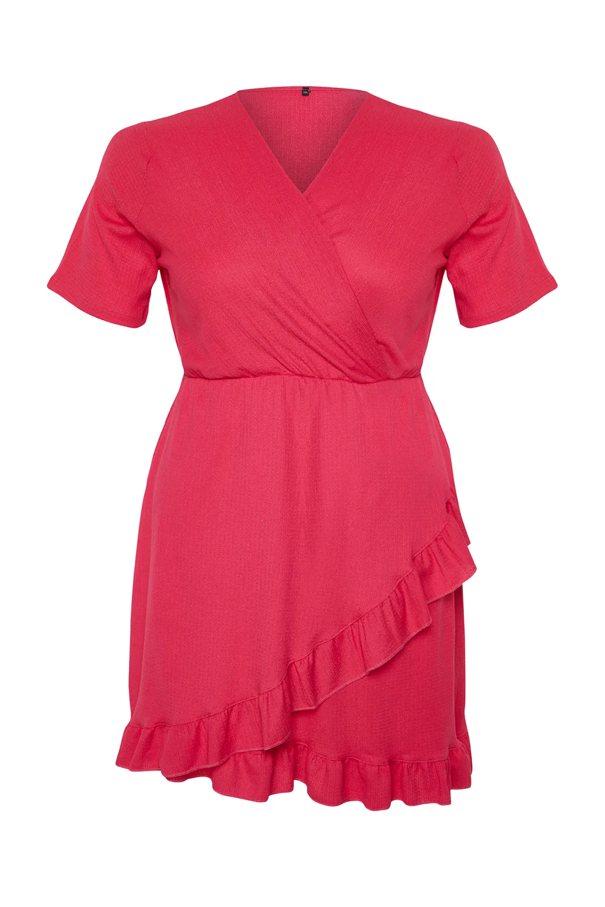 Trendyol Curve  Rosafarbenes, zweireihiges, gerüschtes Strickkleid. Zweireihiges, gerüschtes Mini-Strickkleid mit Volants. TBSSS24AH00037