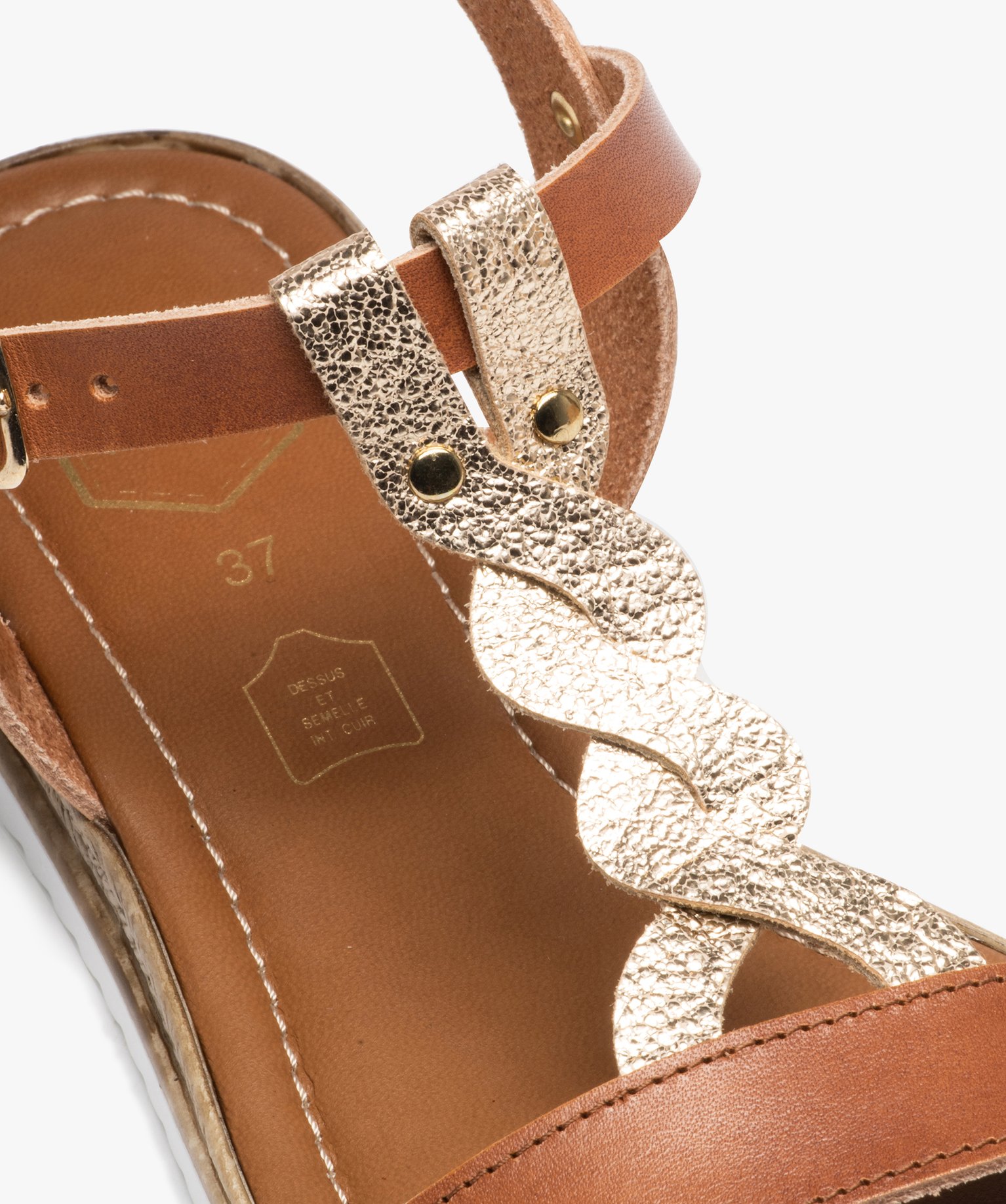 Sandales femme compensées en cuir avec détail tressé doré - Taneo