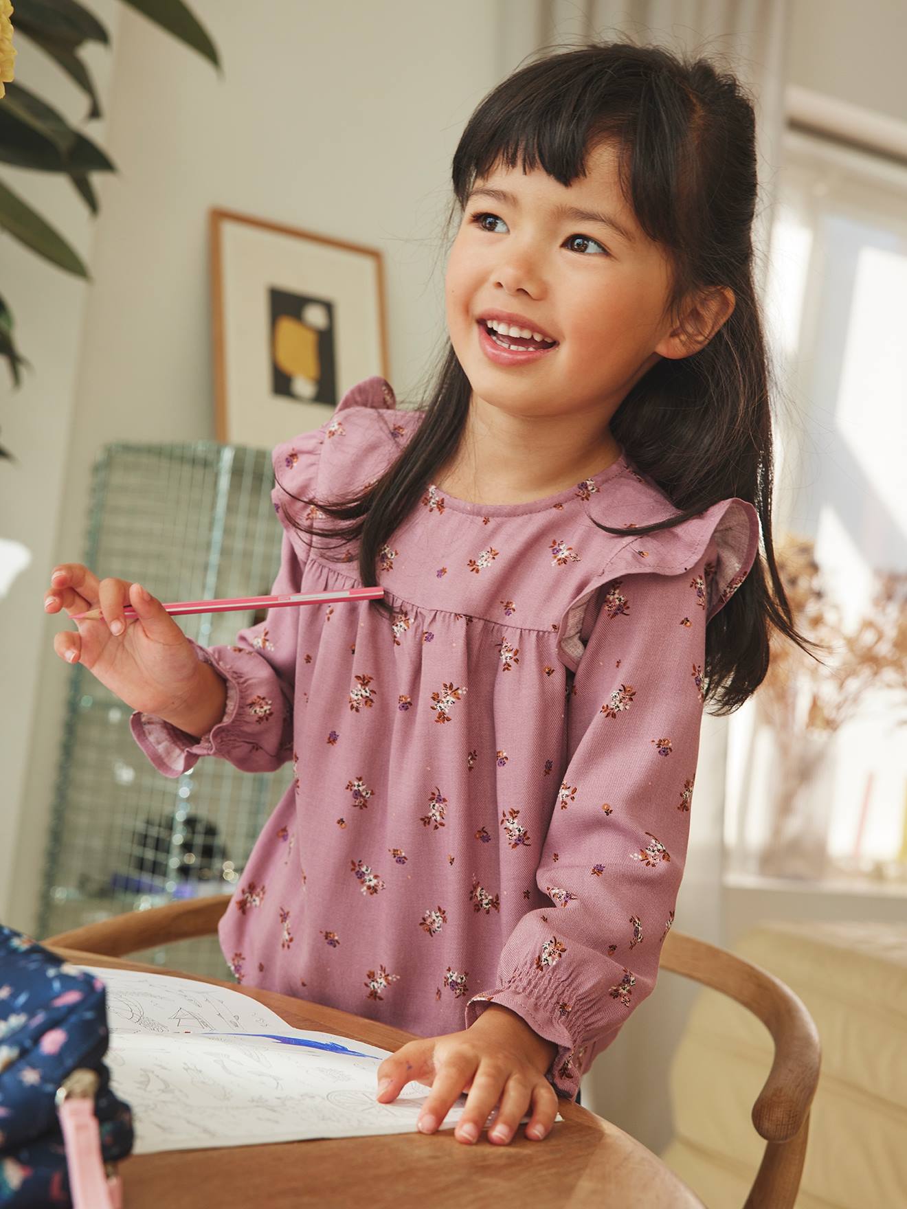 Blouse fleurie fille manches volantées bleu grisé