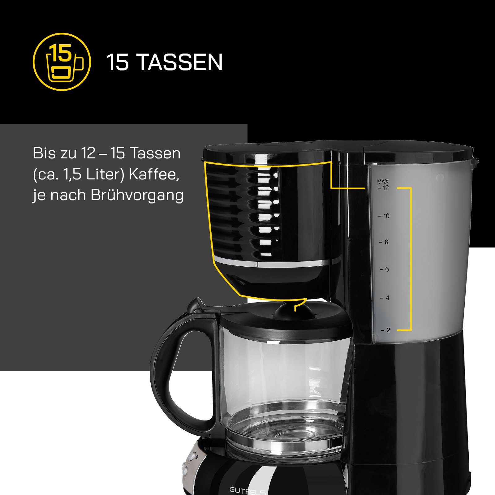 Gutfels Filterkaffeemaschine COFFEE 3300 C, 1.5l Kaffeekanne, Papierfilter Standardgröße 1 x 4, LED-Display & Timerfunktion, 1080 Watt Leistung