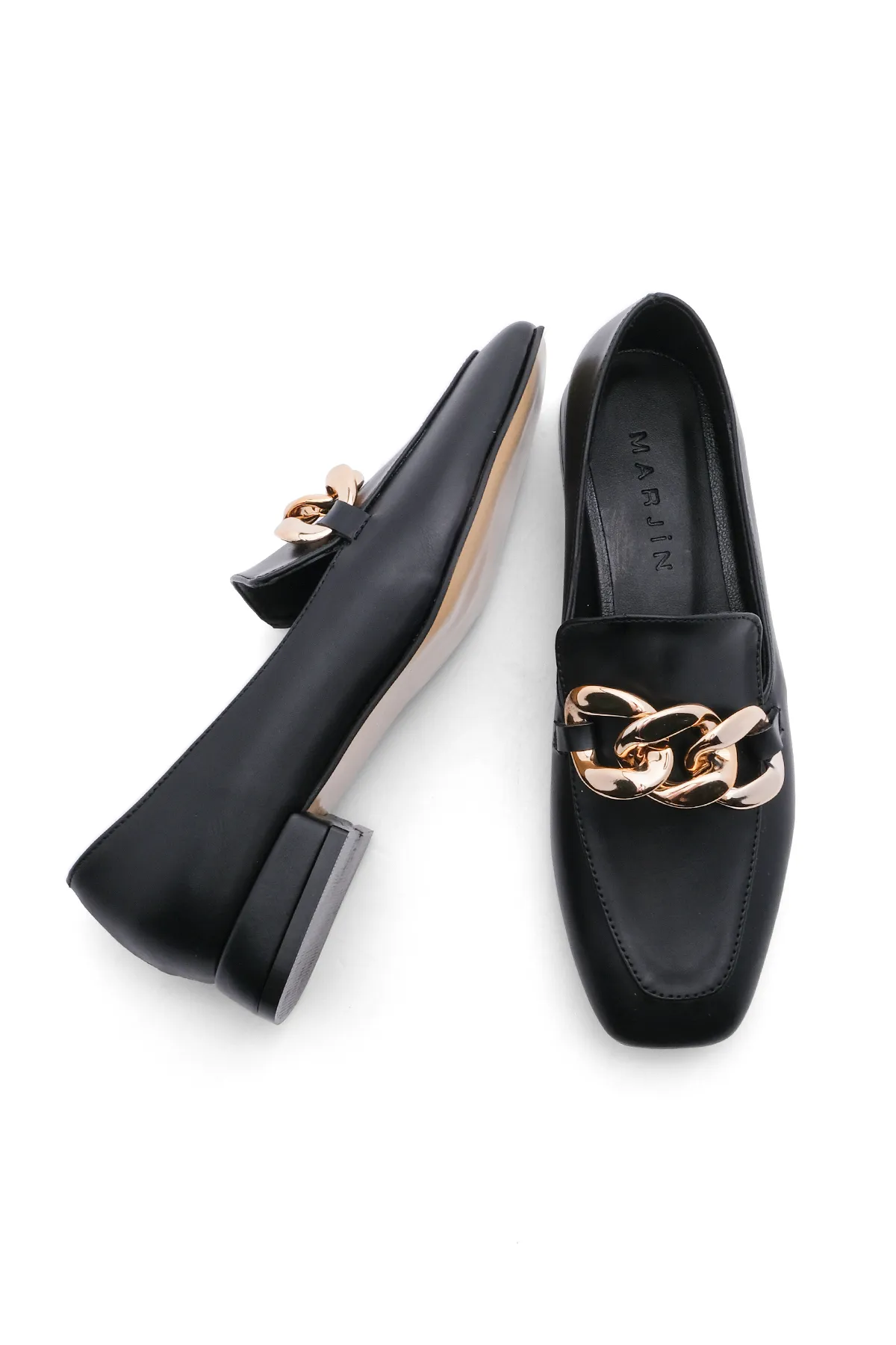 Marjin  Damen Loafer Chain Blunt Toe Freizeitschuhe Modena Schwarz